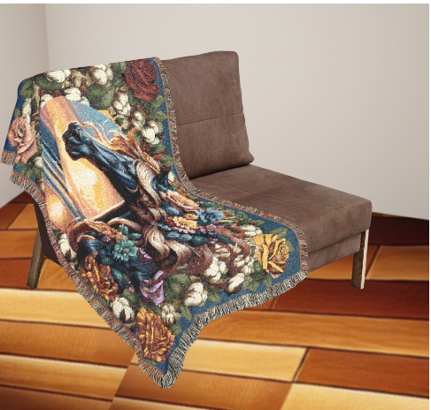 Sunset Stallion Woven Blanket – Floral Horse Tapestry Throw