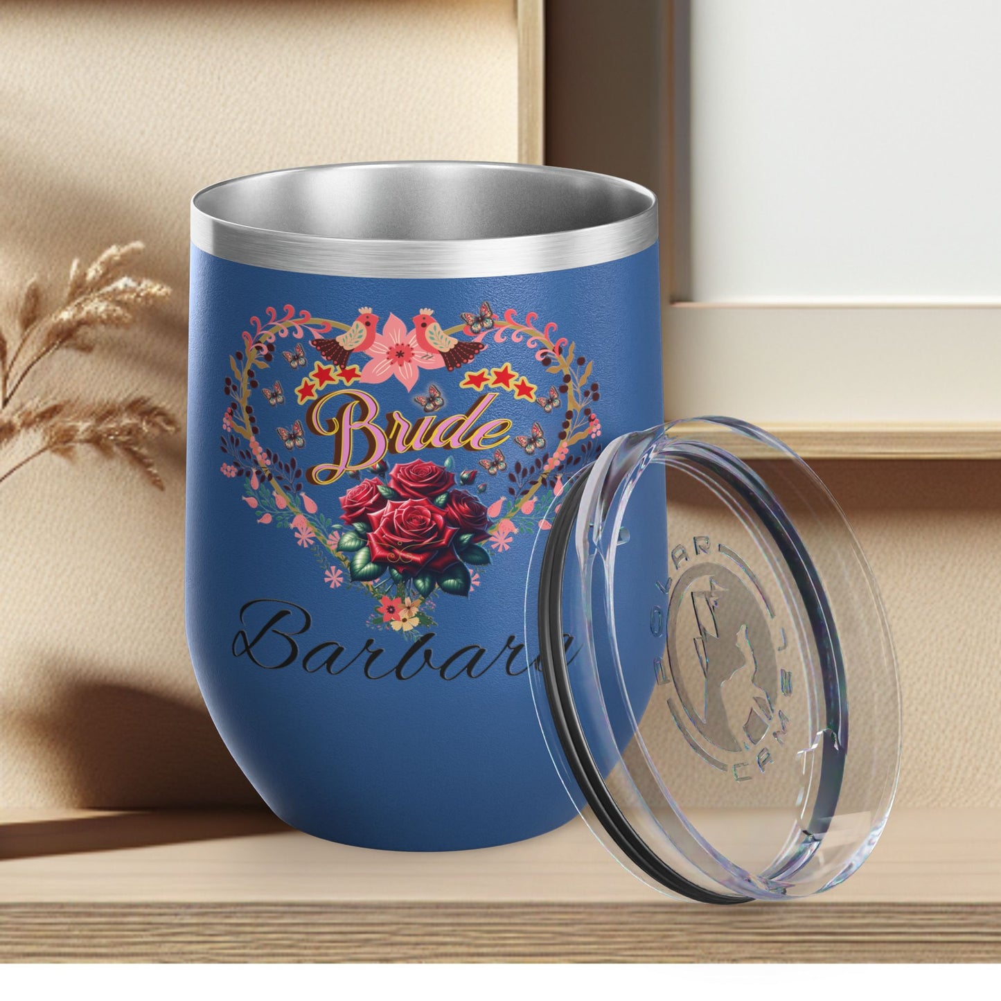 Personalized Bride's Heart Floral Wine 12oz Tumbler