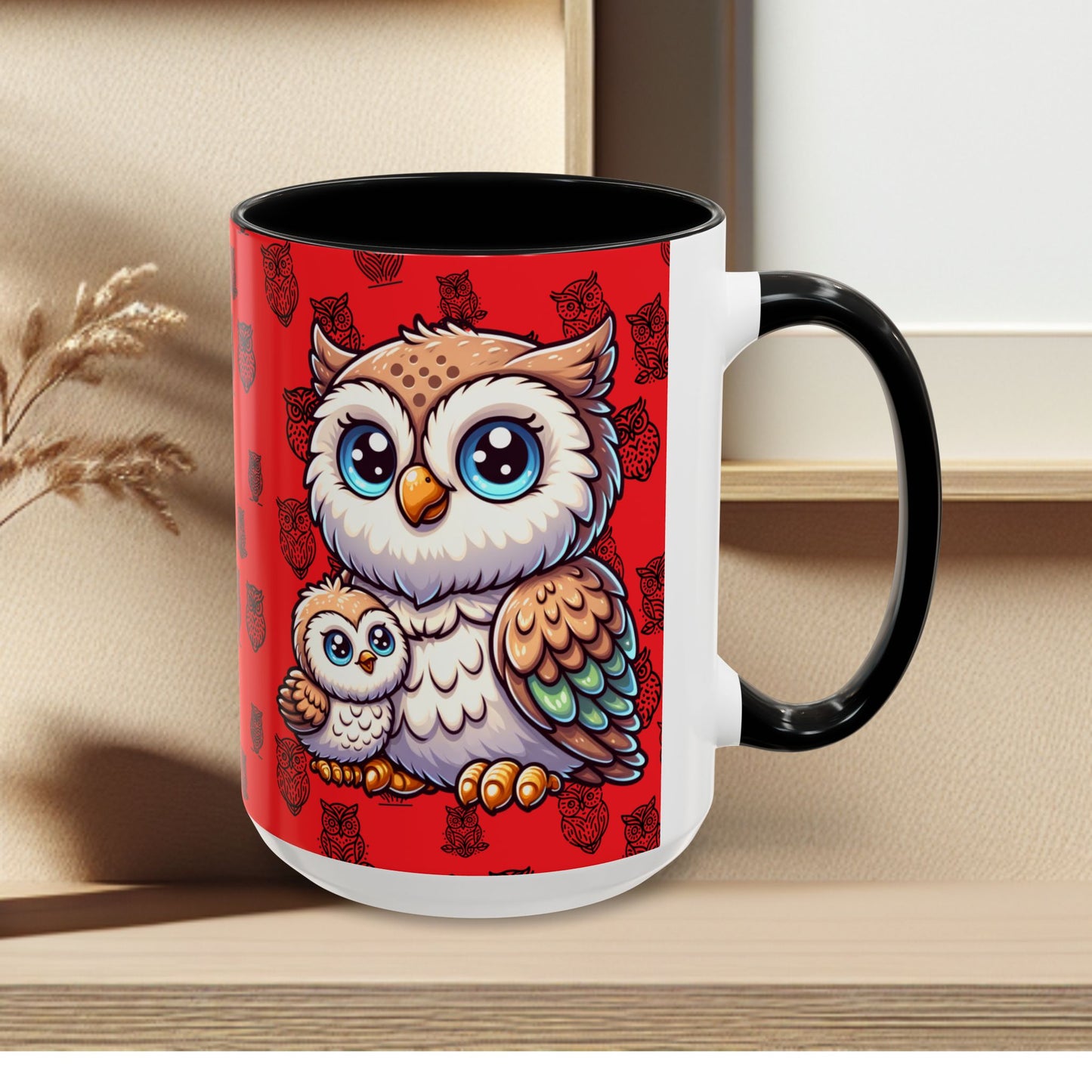 Red Coffee Mug - Owl Family - Colorful Inspirational Owl Design