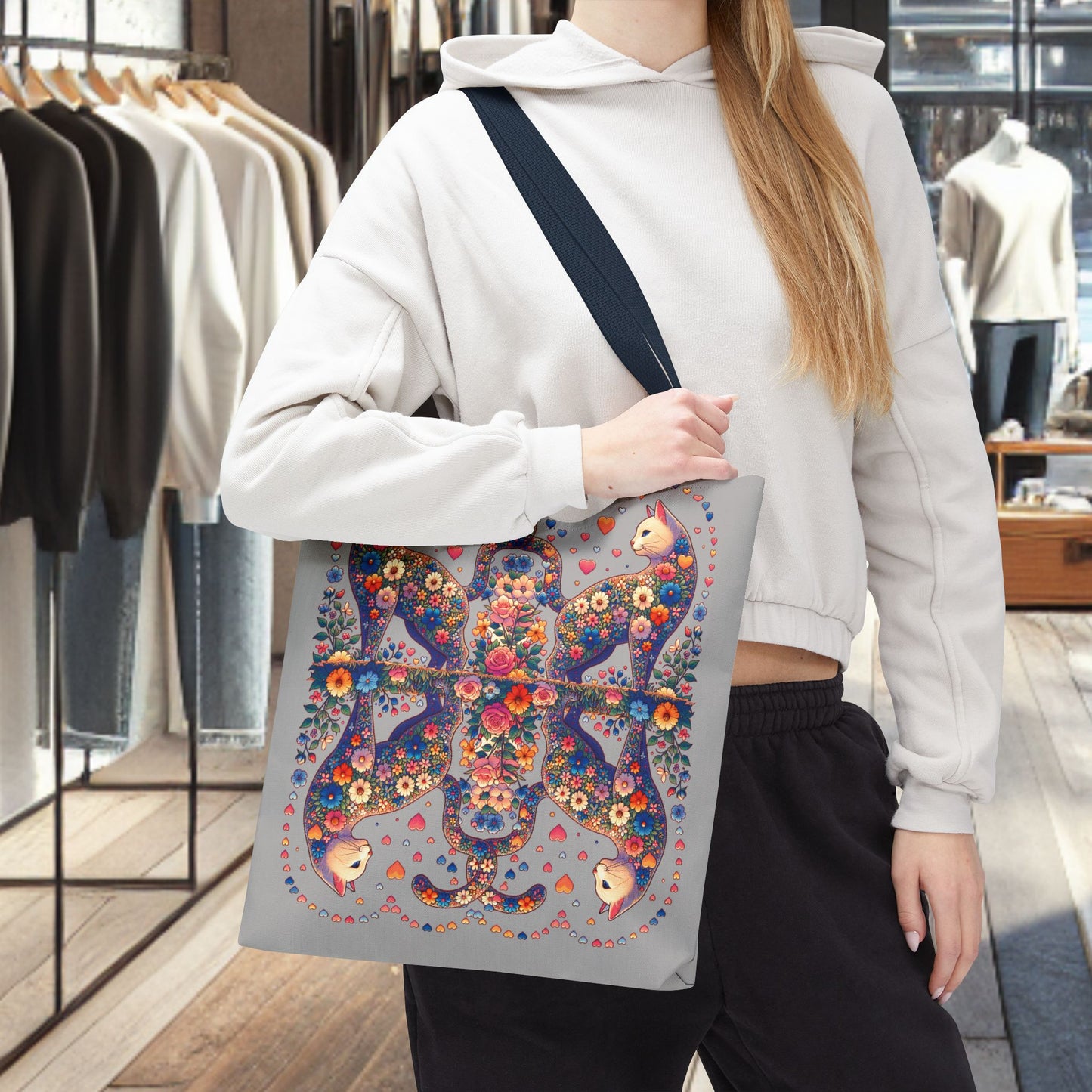 Mosaic Loving Cat Light Gray Tote Bag (AOP)