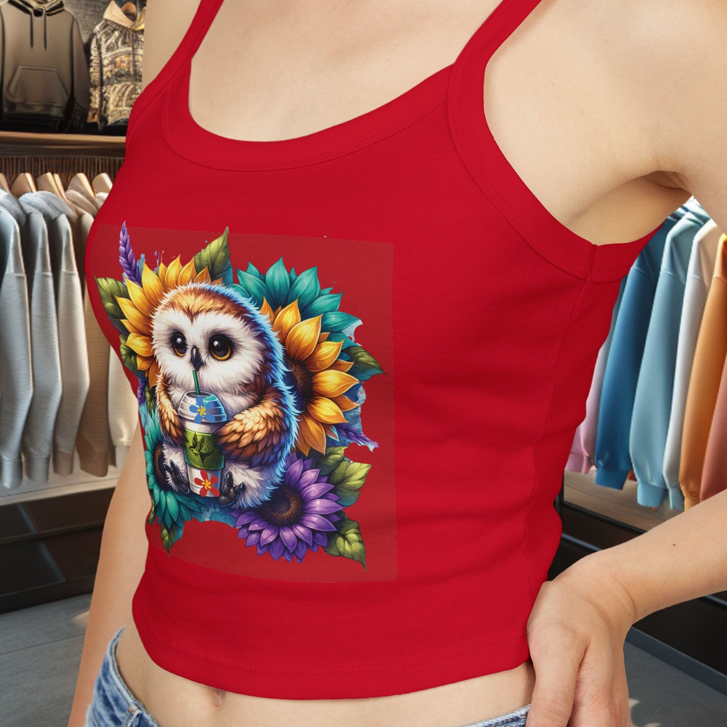 Owl With a Water Bottle Floral Tank Top - Women's Spaghetti Strap