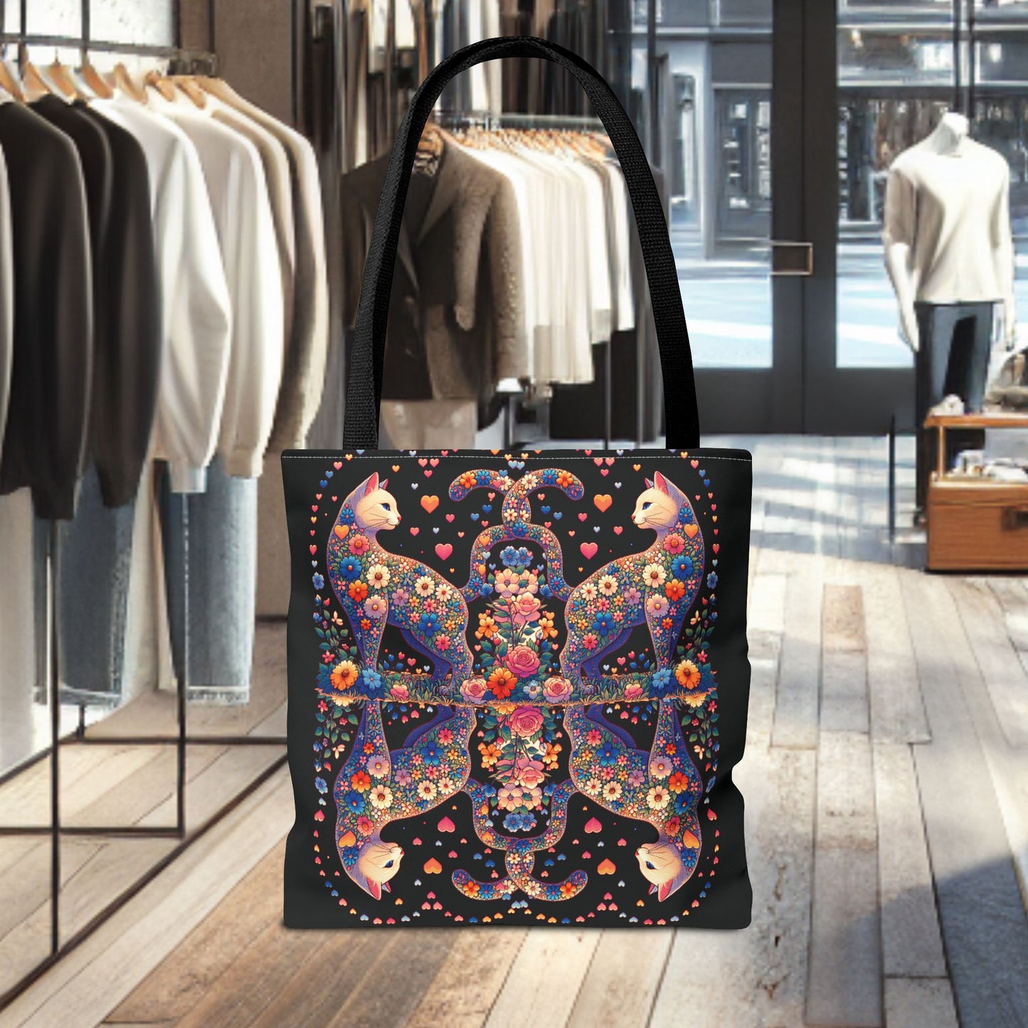 Mosaic Loving Cat Black Tote Bag (AOP)