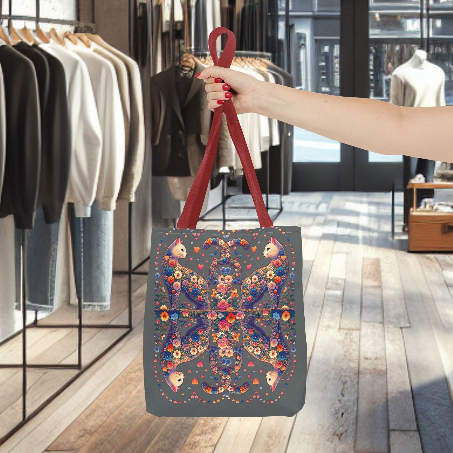Mosaic Loving Cat Dark Gray Tote Bag (AOP)