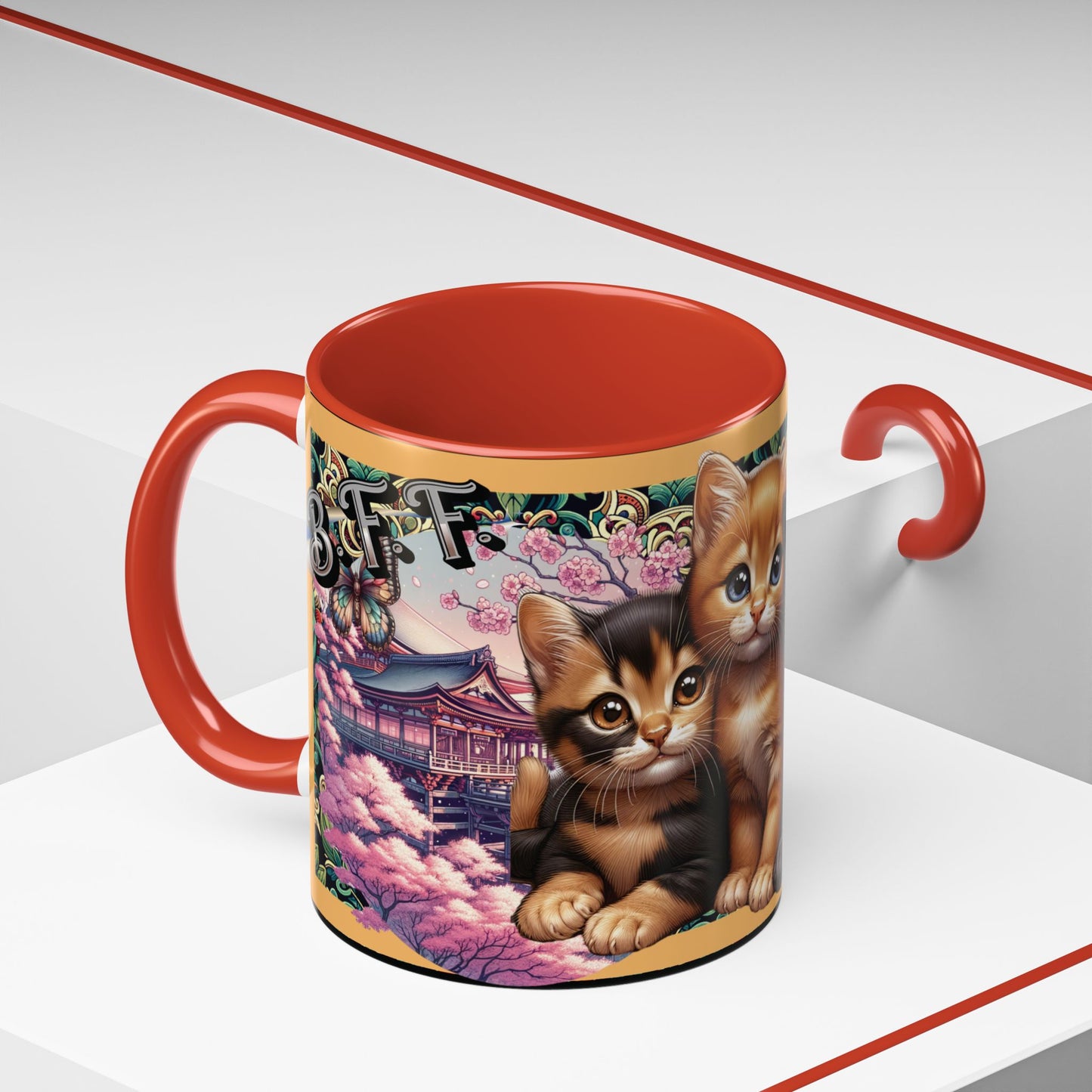 Mug - 3 B F F kittens and Butterflies Coffee Mug with Cherry Blossoms
