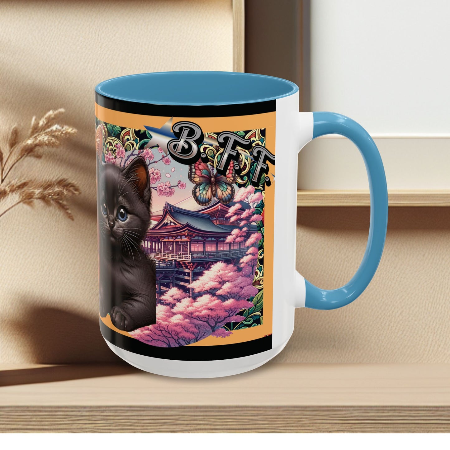 Mug - 3 B F F kittens and Butterflies Coffee Mug with Cherry Blossoms