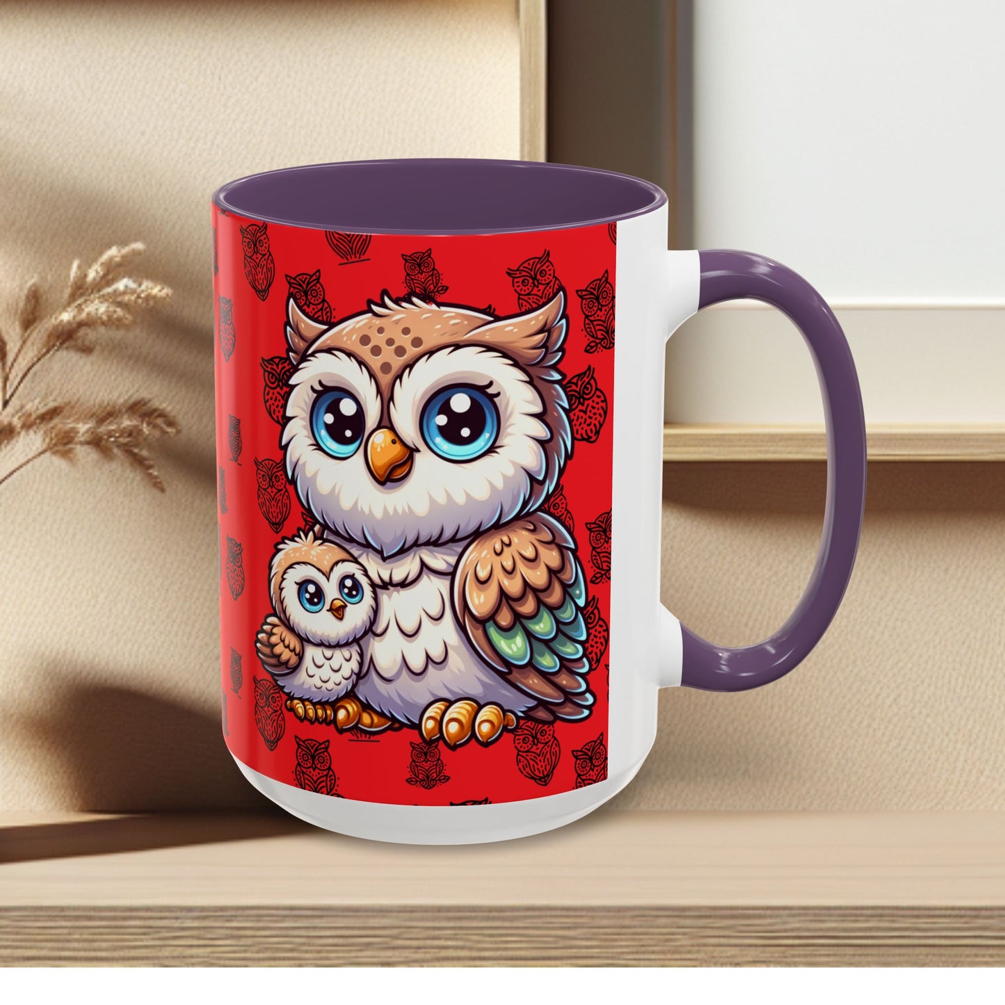 Red Coffee Mug - Owl Family - Colorful Inspirational Owl Design