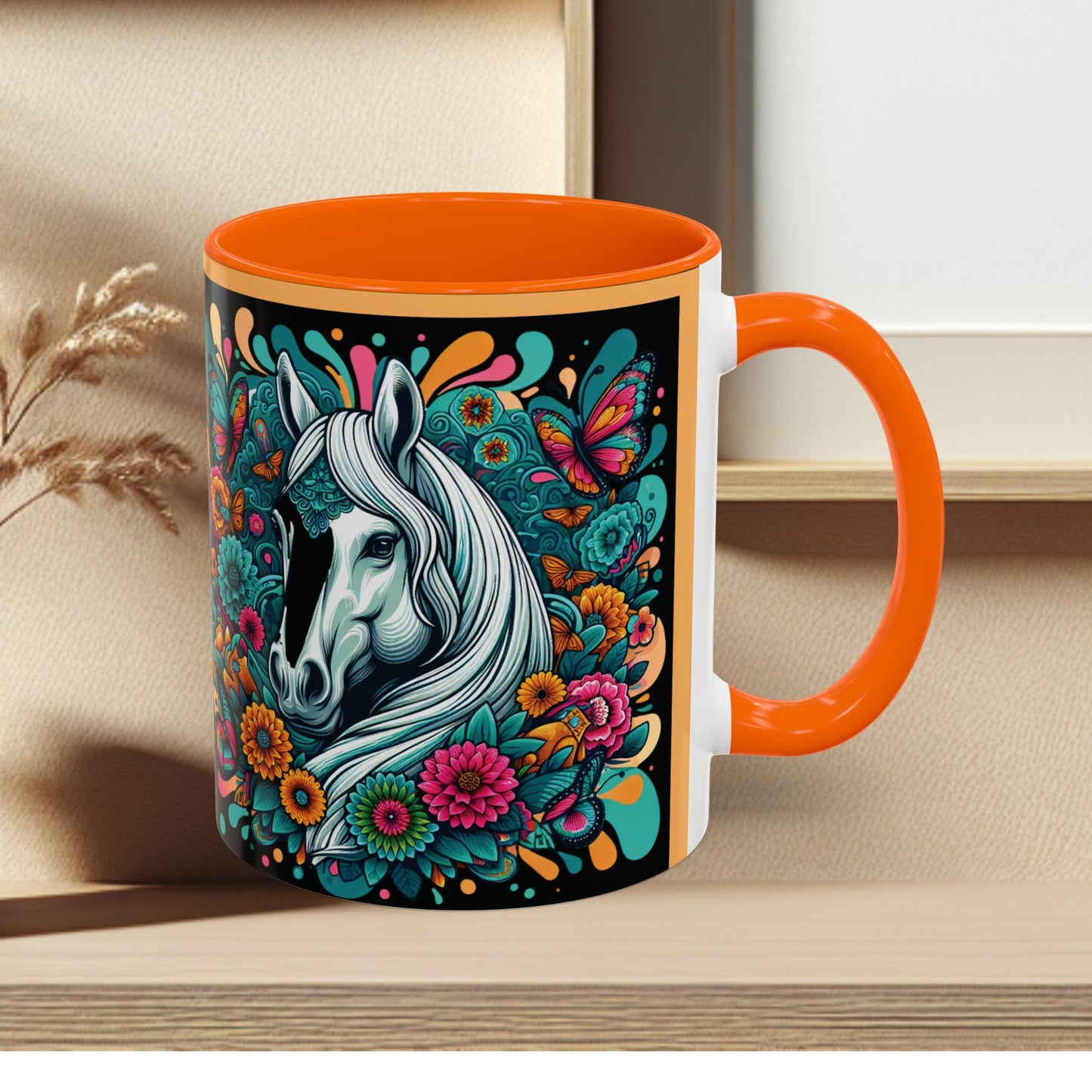 Coffee Mug White Horses with Blue Highlights in Flowers - Mug