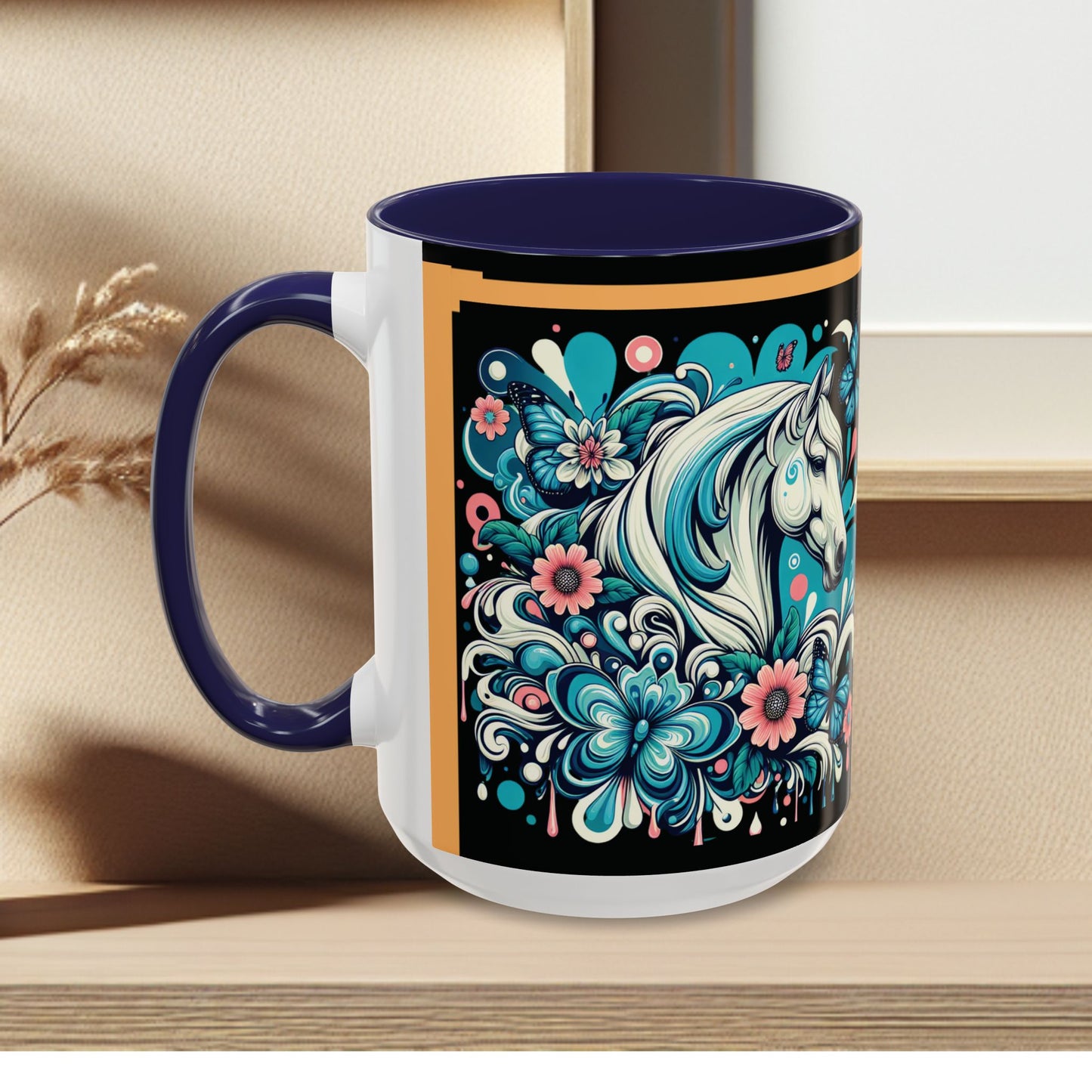 Coffee Mug White Horses with Blue Highlights in Flowers - Mug