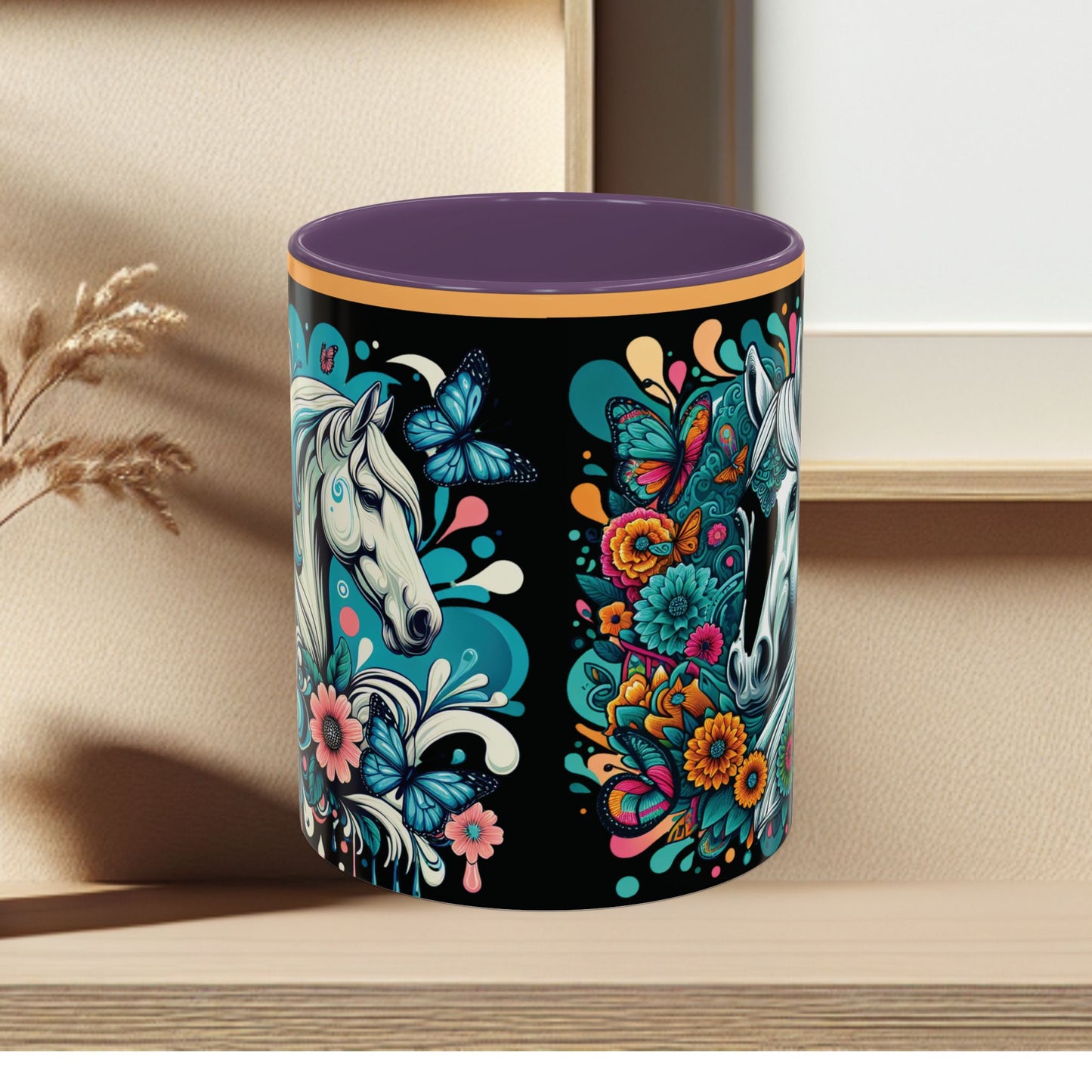 Coffee Mug White Horses with Blue Highlights in Flowers - Mug