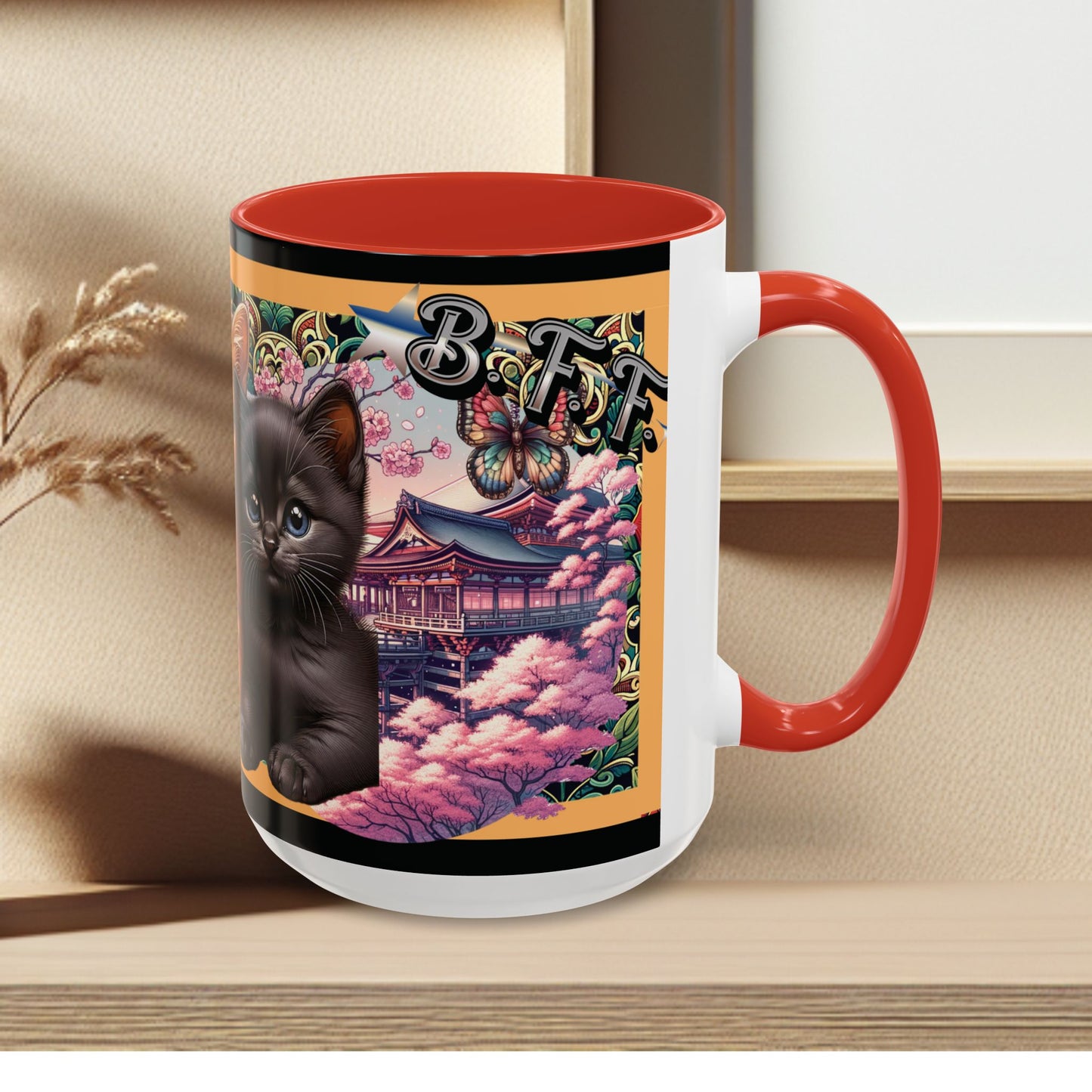 Mug - 3 B F F kittens and Butterflies Coffee Mug with Cherry Blossoms