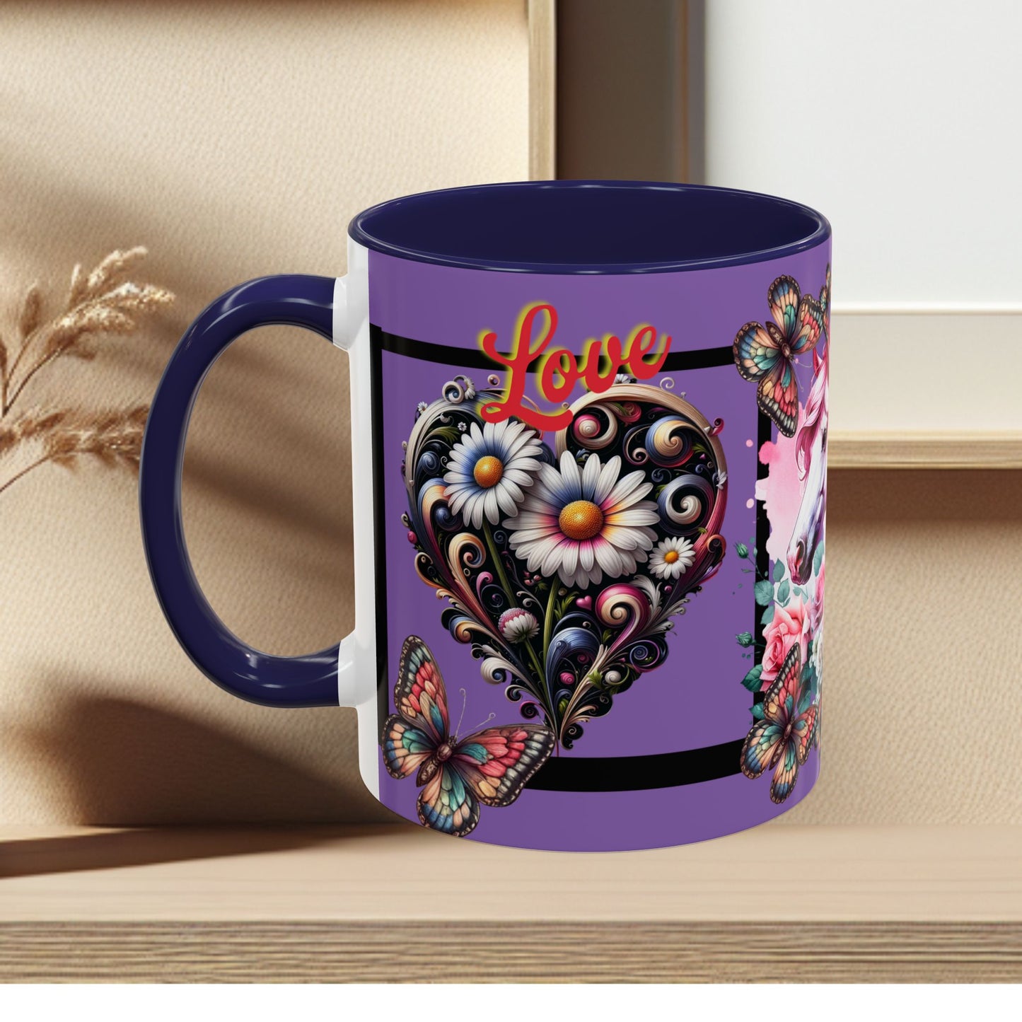 Love Coffee Mug - Vibrant Heart & Horse- Design, 11oz & 15oz