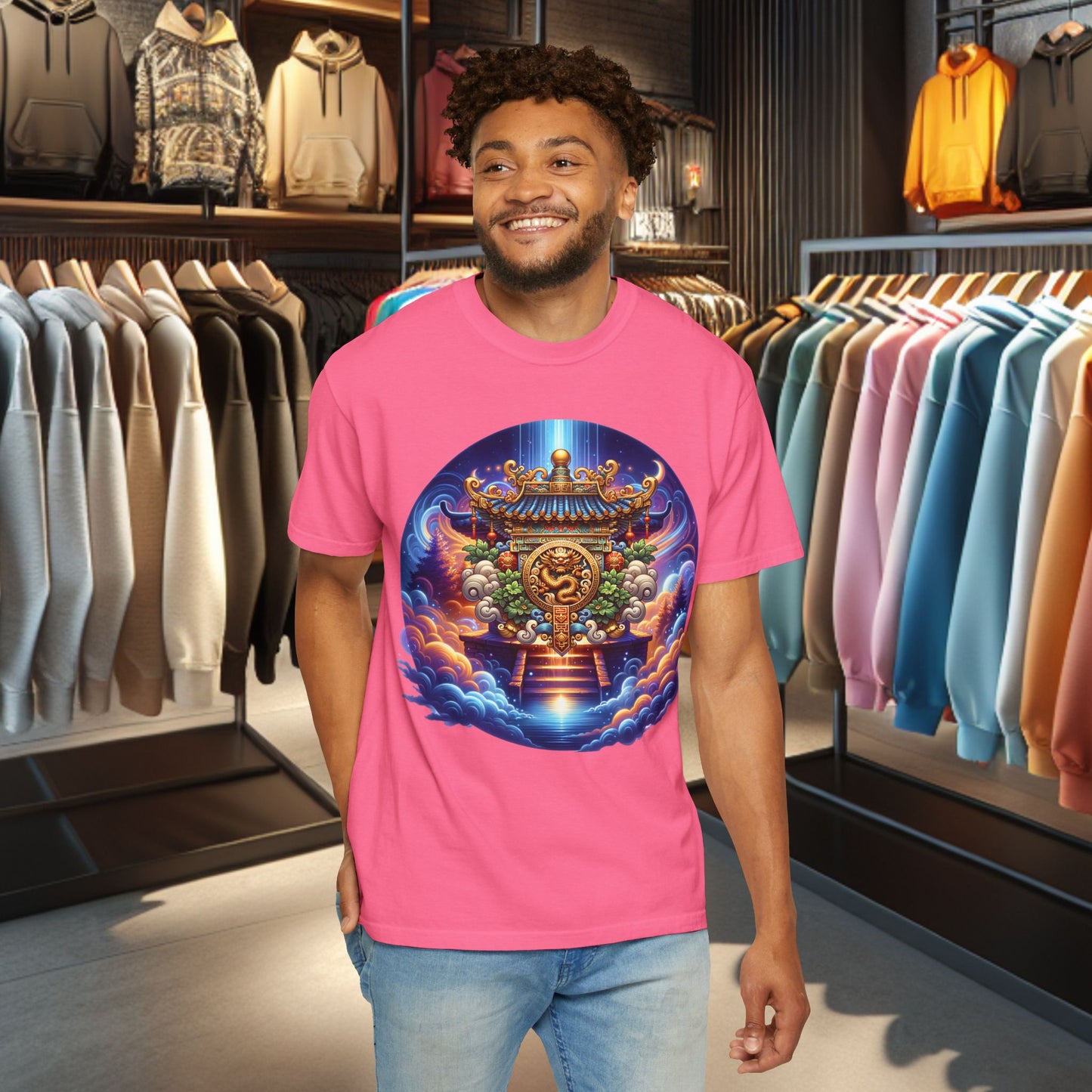 A Vibrant Mistic Temple Design -Unisex Garment-Dyed T-Shirt Perfect for Festivals & Everyday Wear