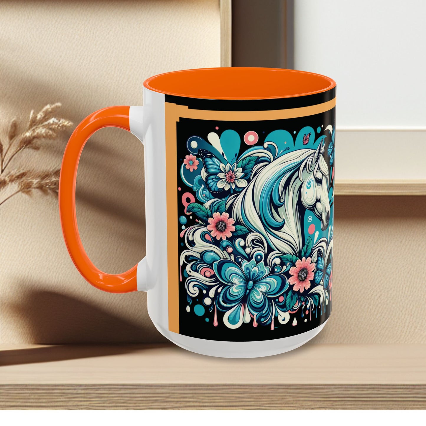 Coffee Mug White Horses with Blue Highlights in Flowers - Mug