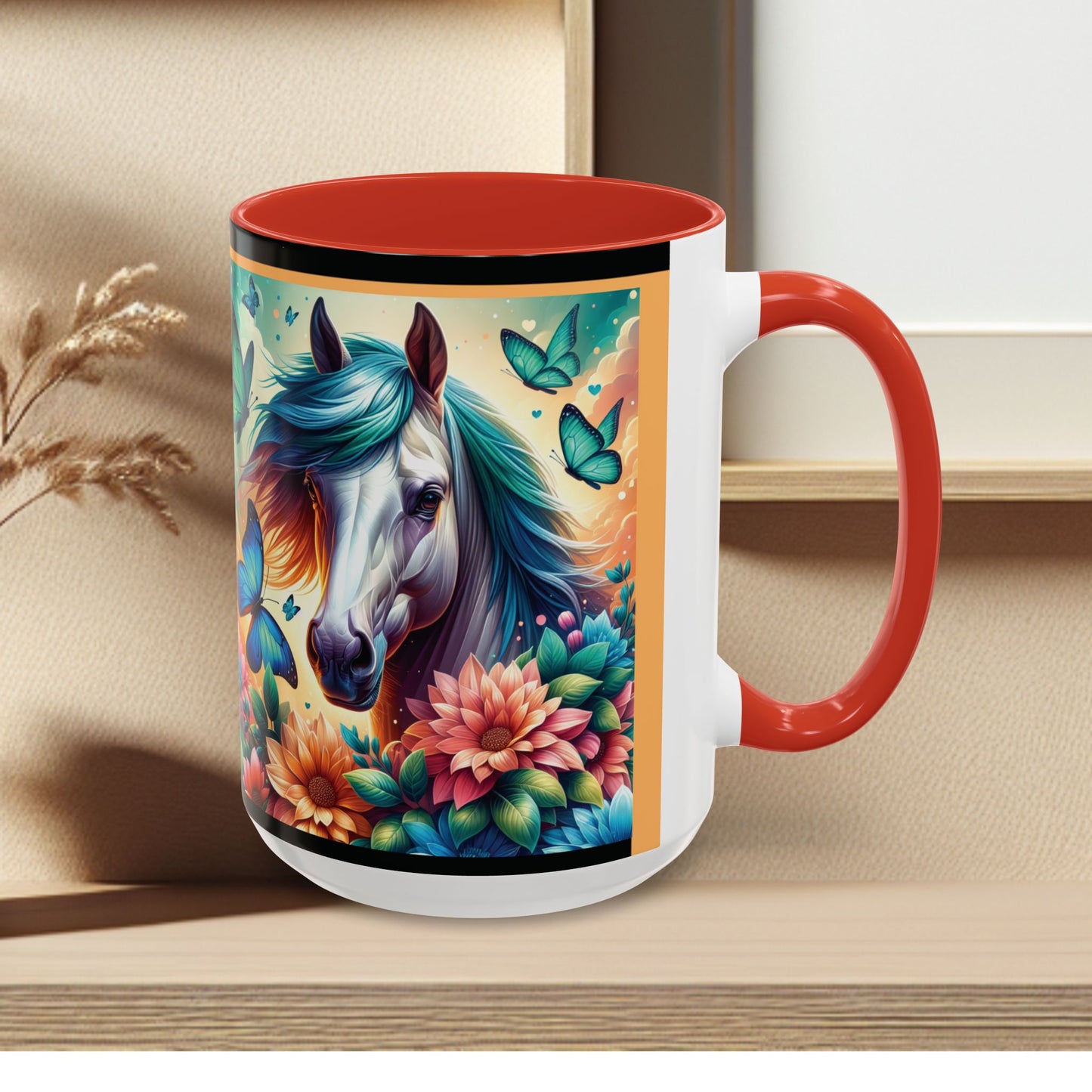 Coffee Mug Horses, Flowers, and Butterflies Mug