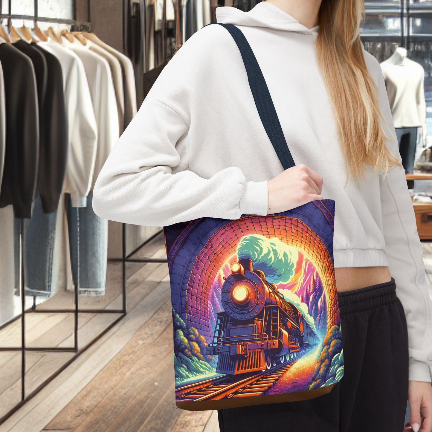 Steam Locomotive Tote Bag (AOP)- Vintage Train Tunnel Design