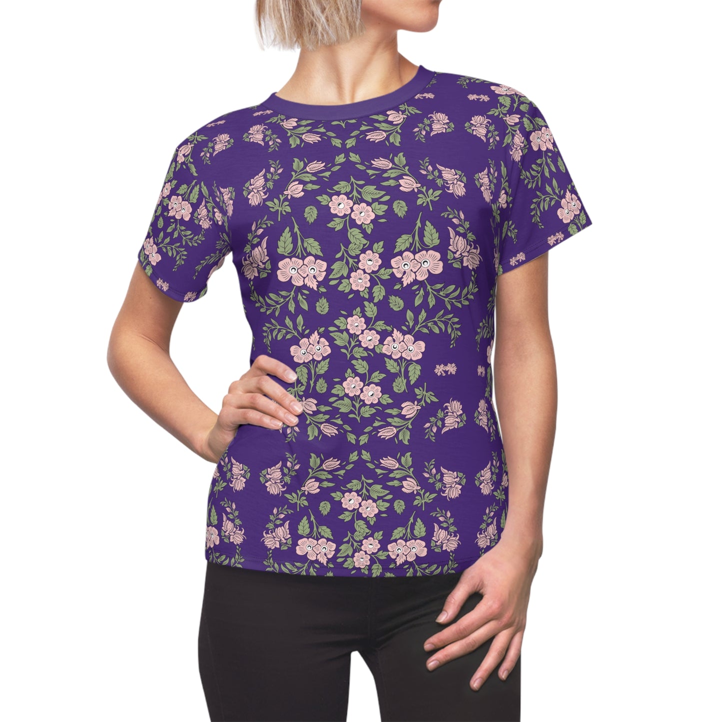 Women's Tee - Purple with a pink floral print