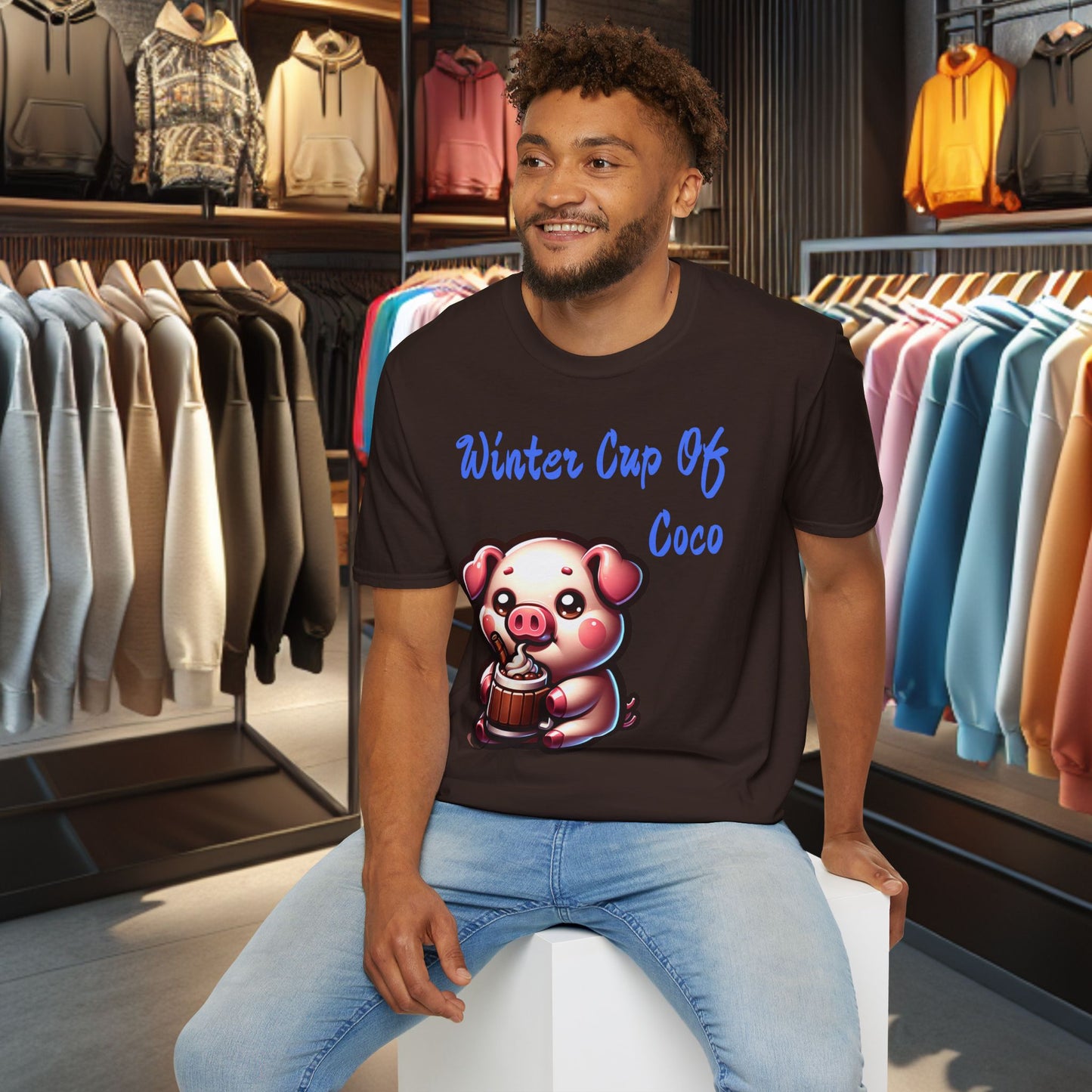 Pig Sipping on a Cup Of Coco Unisex T-Shirt - Winter Coco