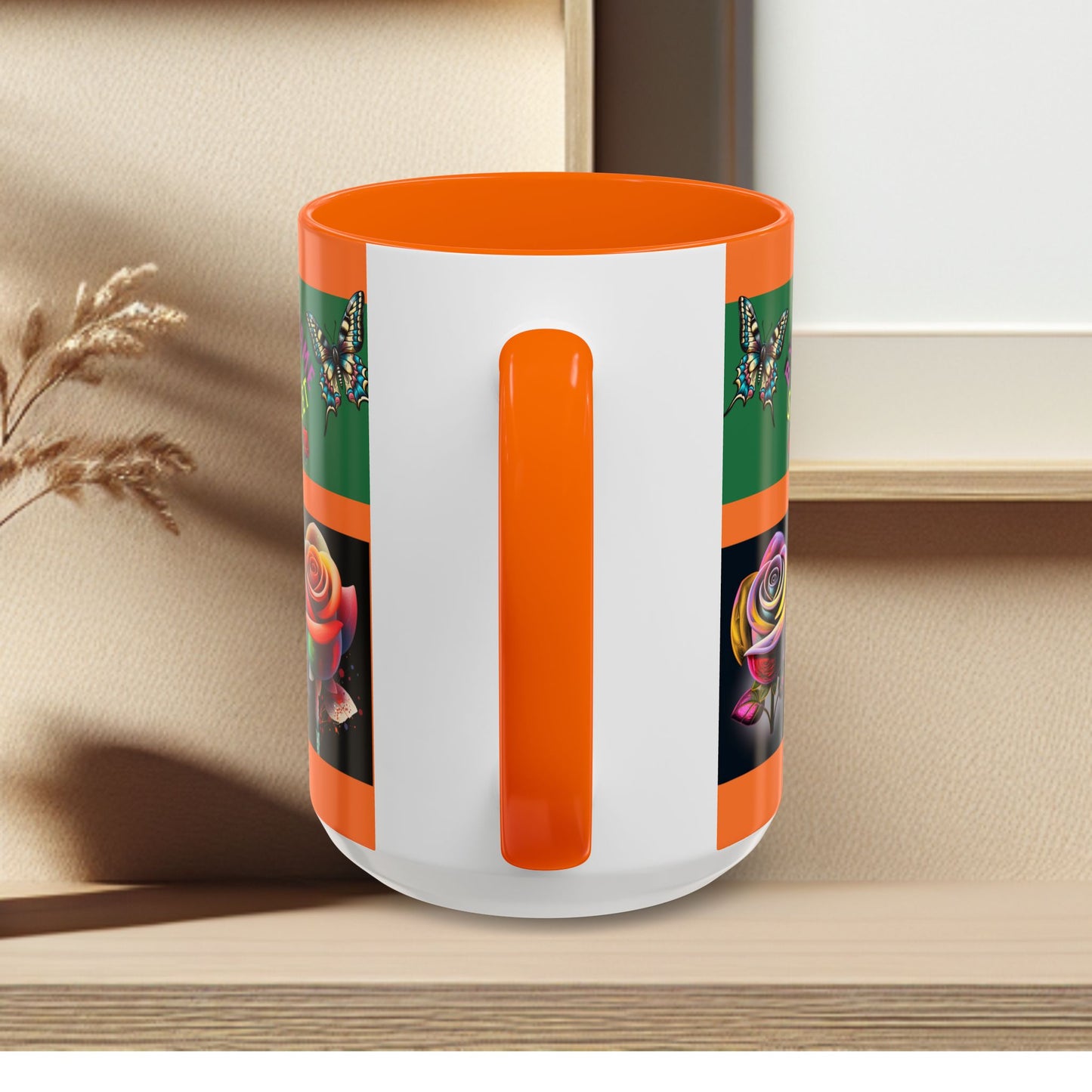Orange Mug - Floral Butterfly Accent Coffee Mug - 'By Any Other Name A Rose Smells So Sweet'