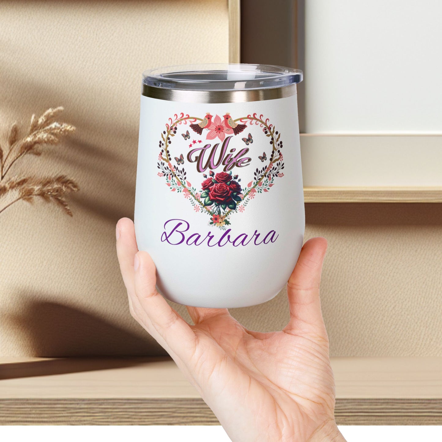 Personalized Wife’s Wine Tumbler - 12oz Floral Heart Design