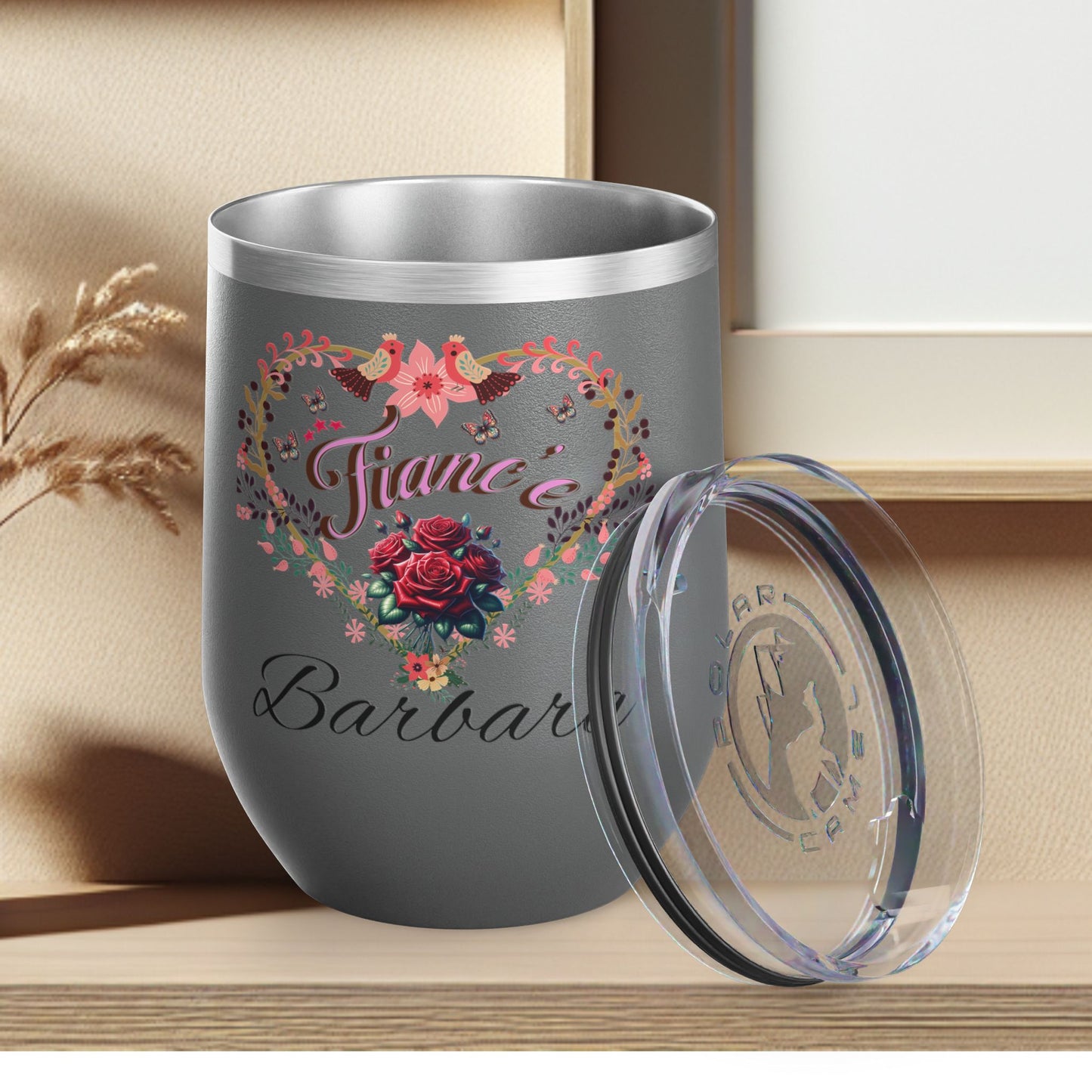 Personalized Fiancé’s Wine Tumbler - 12oz Floral Heart Design