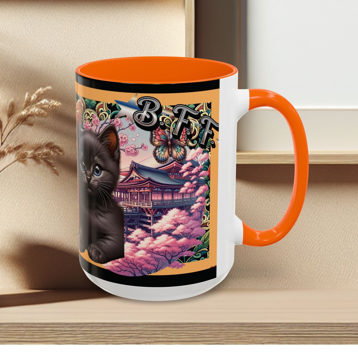 Mug - 3 B F F kittens and Butterflies Coffee Mug with Cherry Blossoms