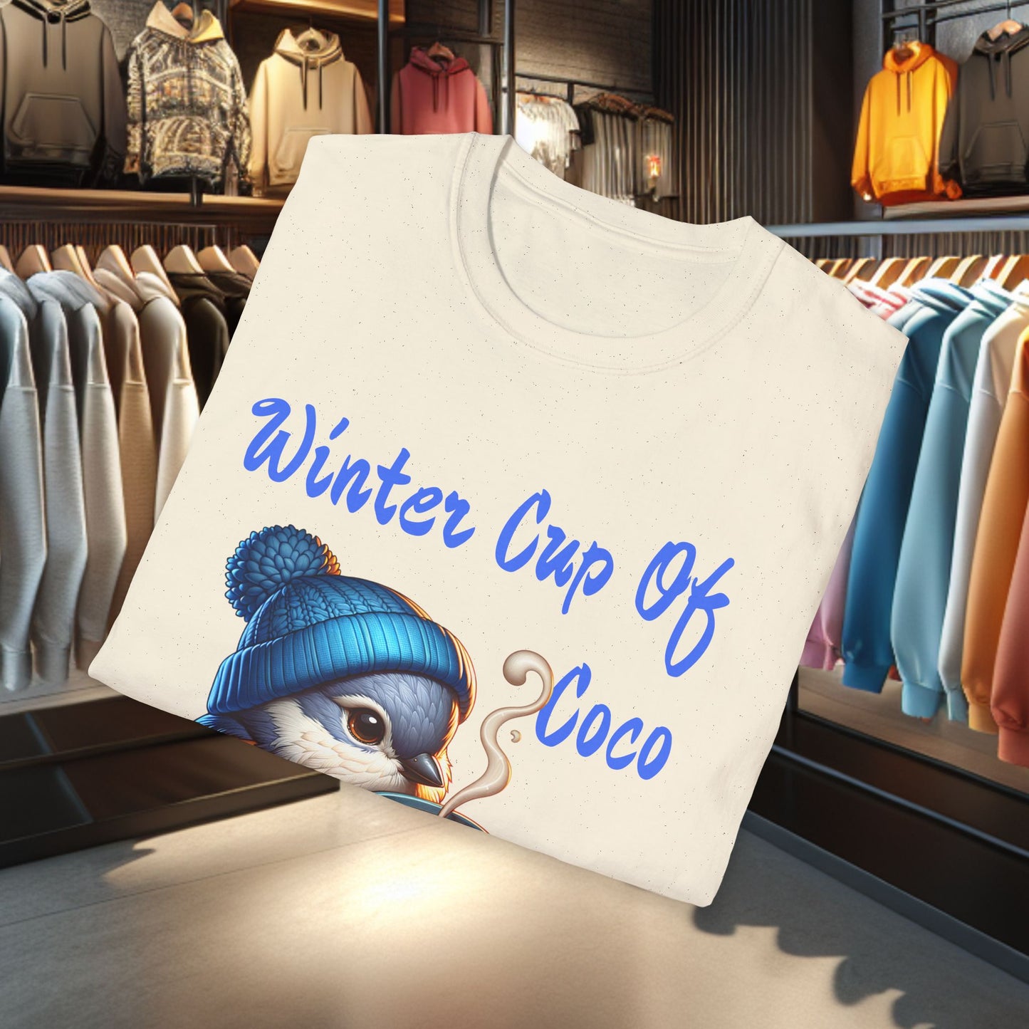 Blue Bird With a Cup Of Coco Unisex T-Shirt - Winter Coco