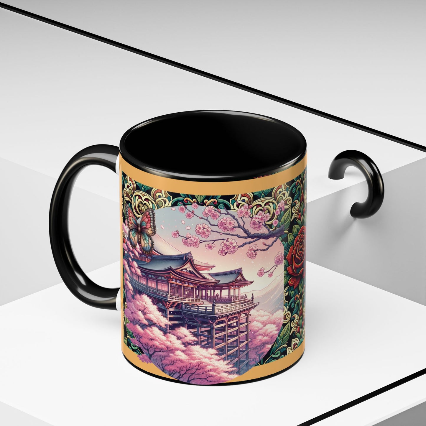 Mug - Sakura Butterfly Coffee Mug with Cherry Blossoms and a Rose
