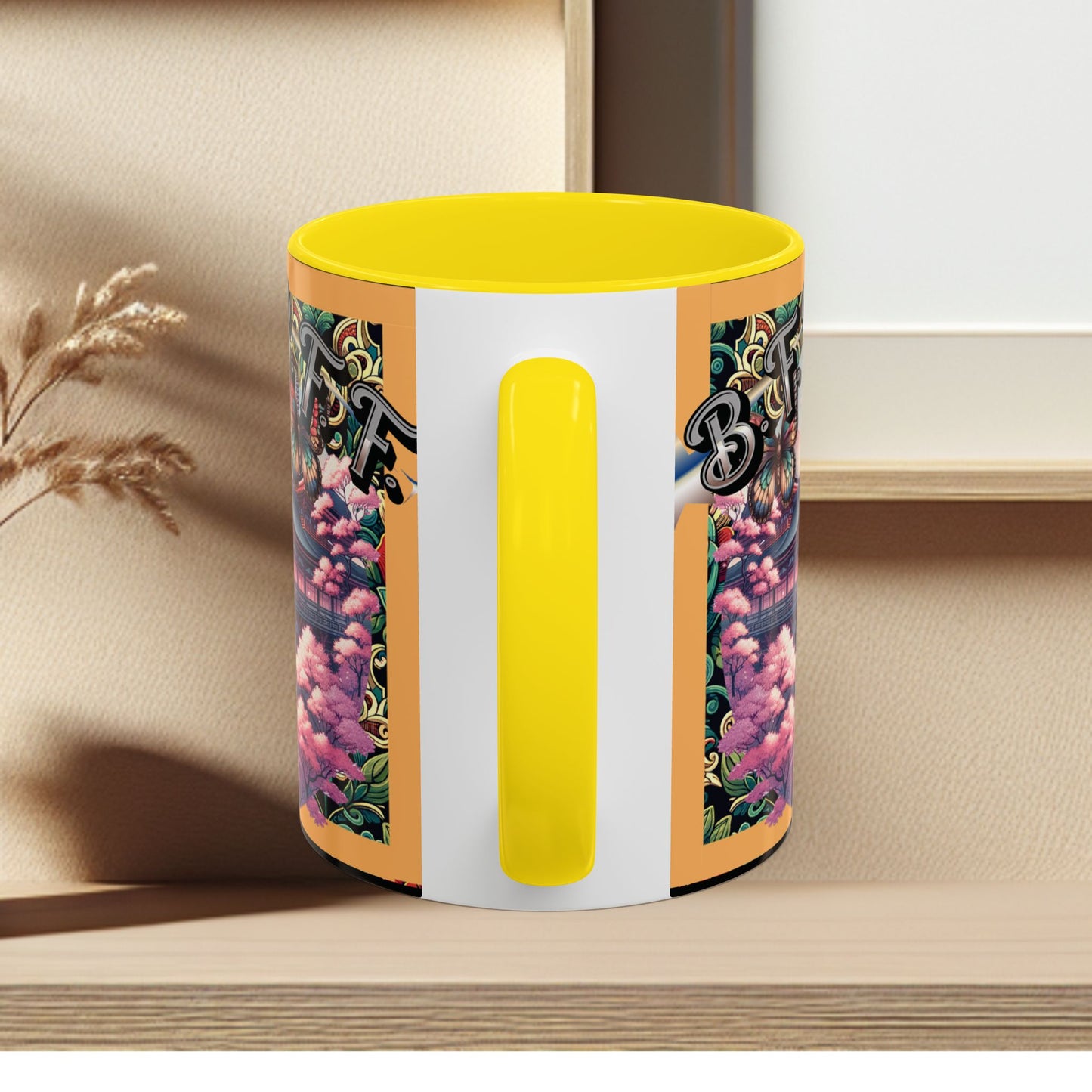 Mug - 3 B F F kittens and Butterflies Coffee Mug with Cherry Blossoms