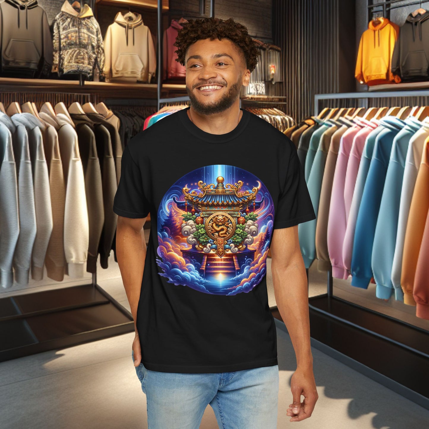 A Vibrant Mistic Temple Design -Unisex Garment-Dyed T-Shirt Perfect for Festivals & Everyday Wear