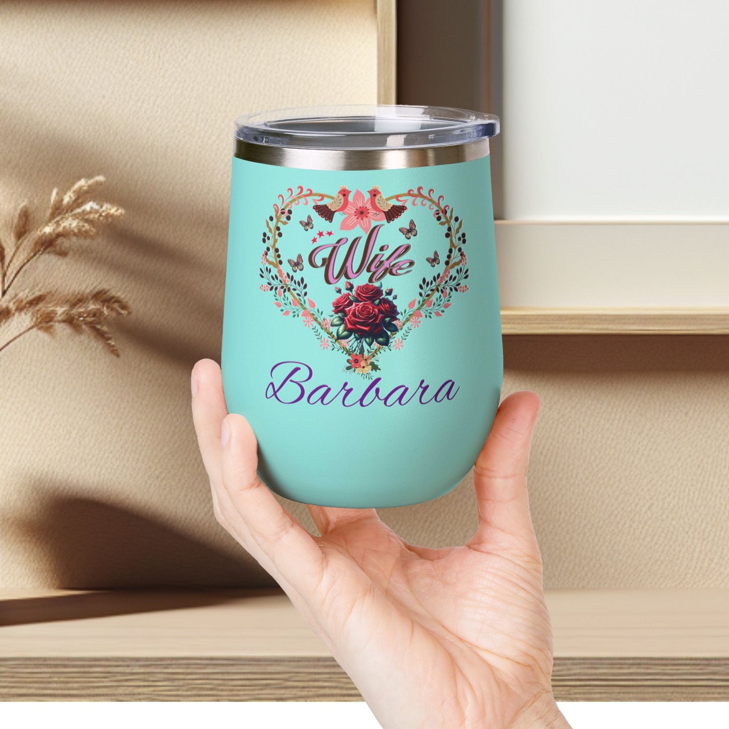 Personalized Wife’s Wine Tumbler - 12oz Floral Heart Design