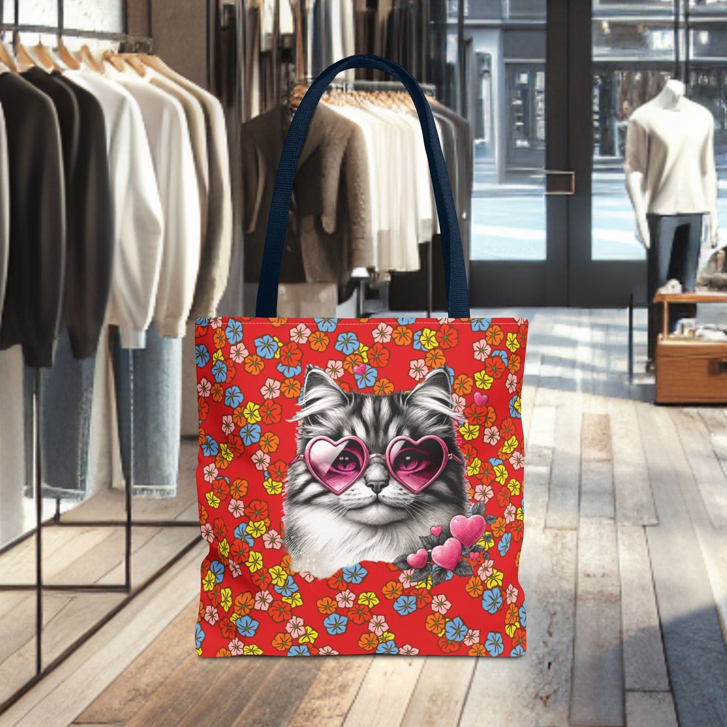 Kitty Ride Tote Bag with Flowered Red Design