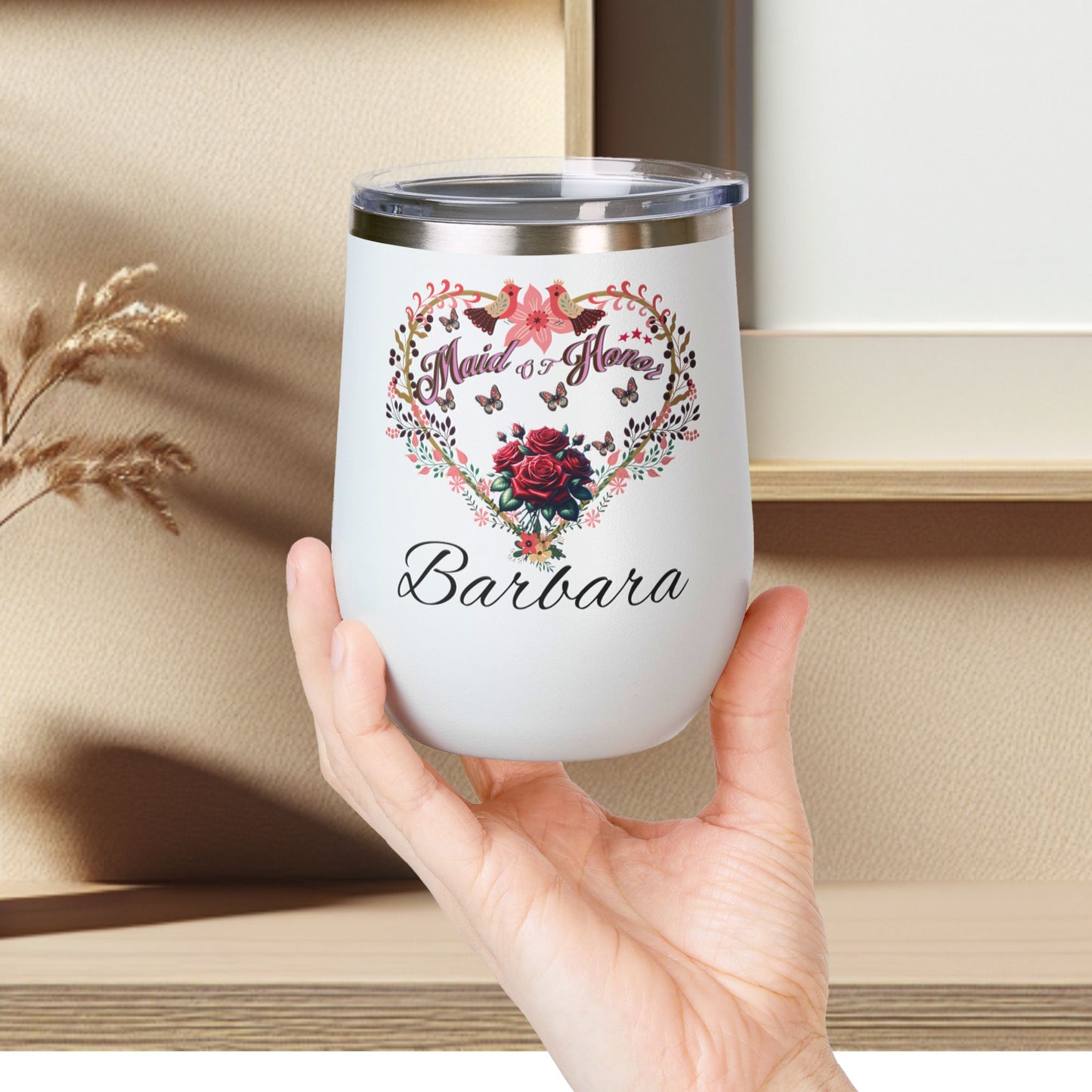 Personalized Maid of honor's Heart Floral Wine Tumbler