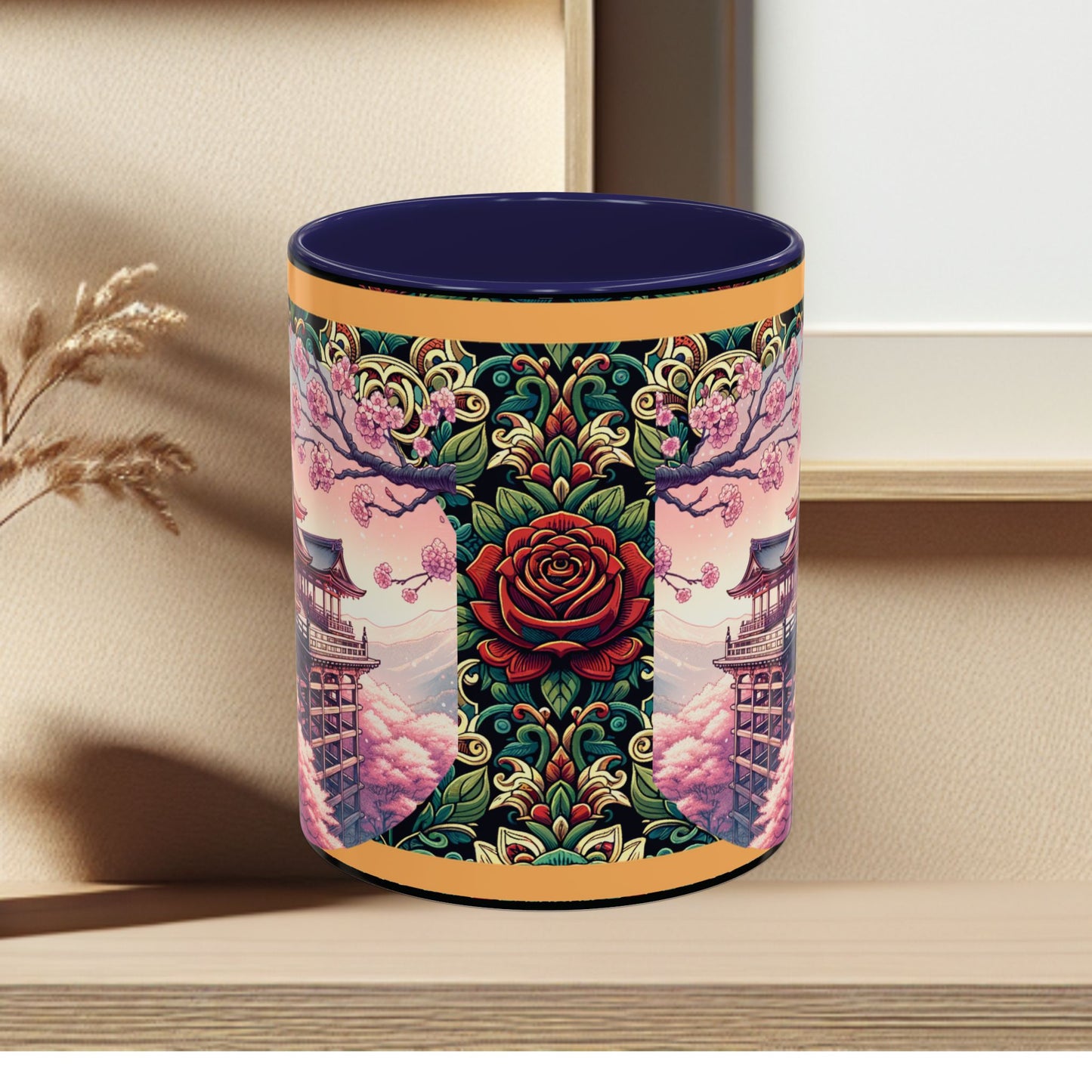 Mug - Sakura Butterfly Coffee Mug with Cherry Blossoms and a Rose