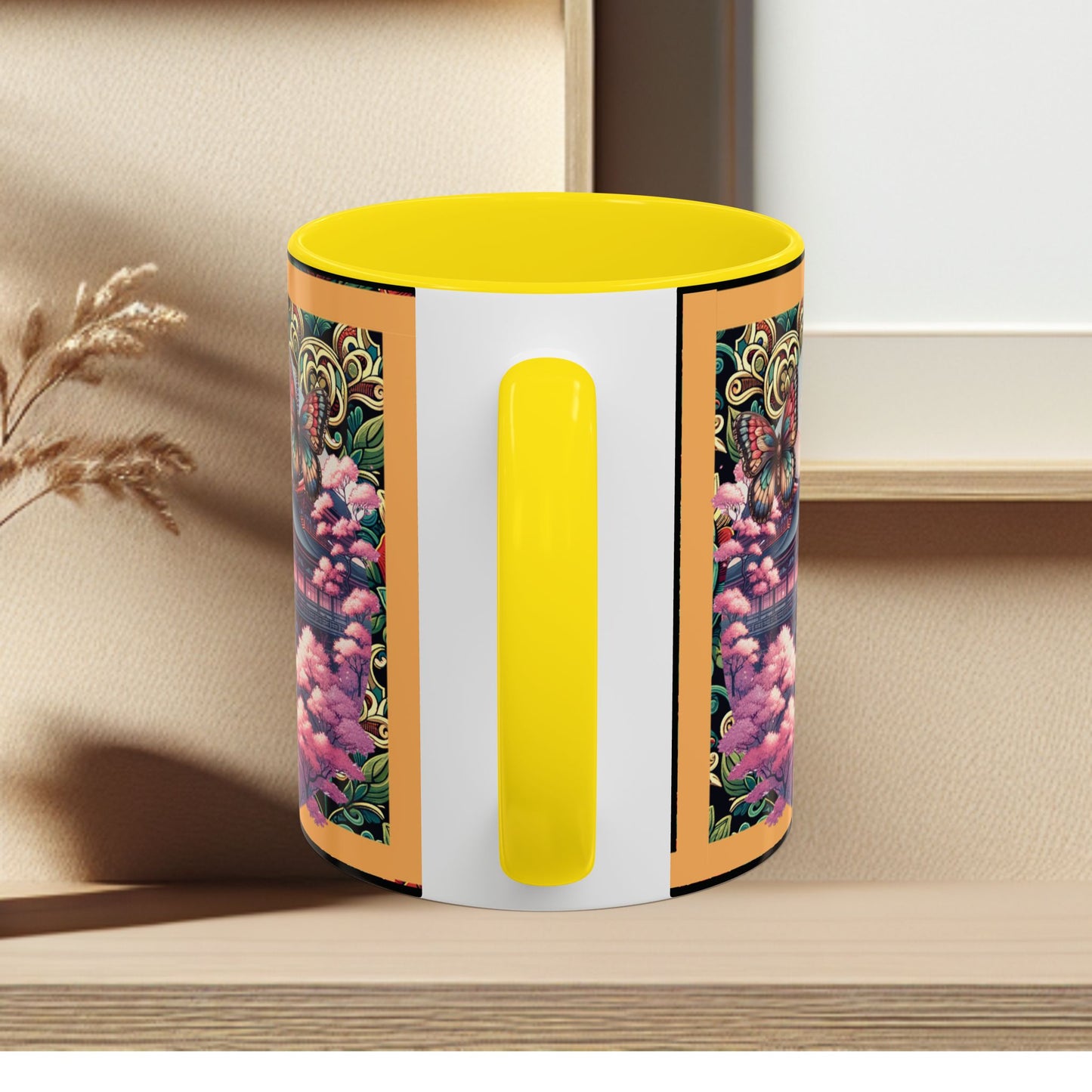 Mug - Sakura Butterfly Coffee Mug with Cherry Blossoms and a Rose