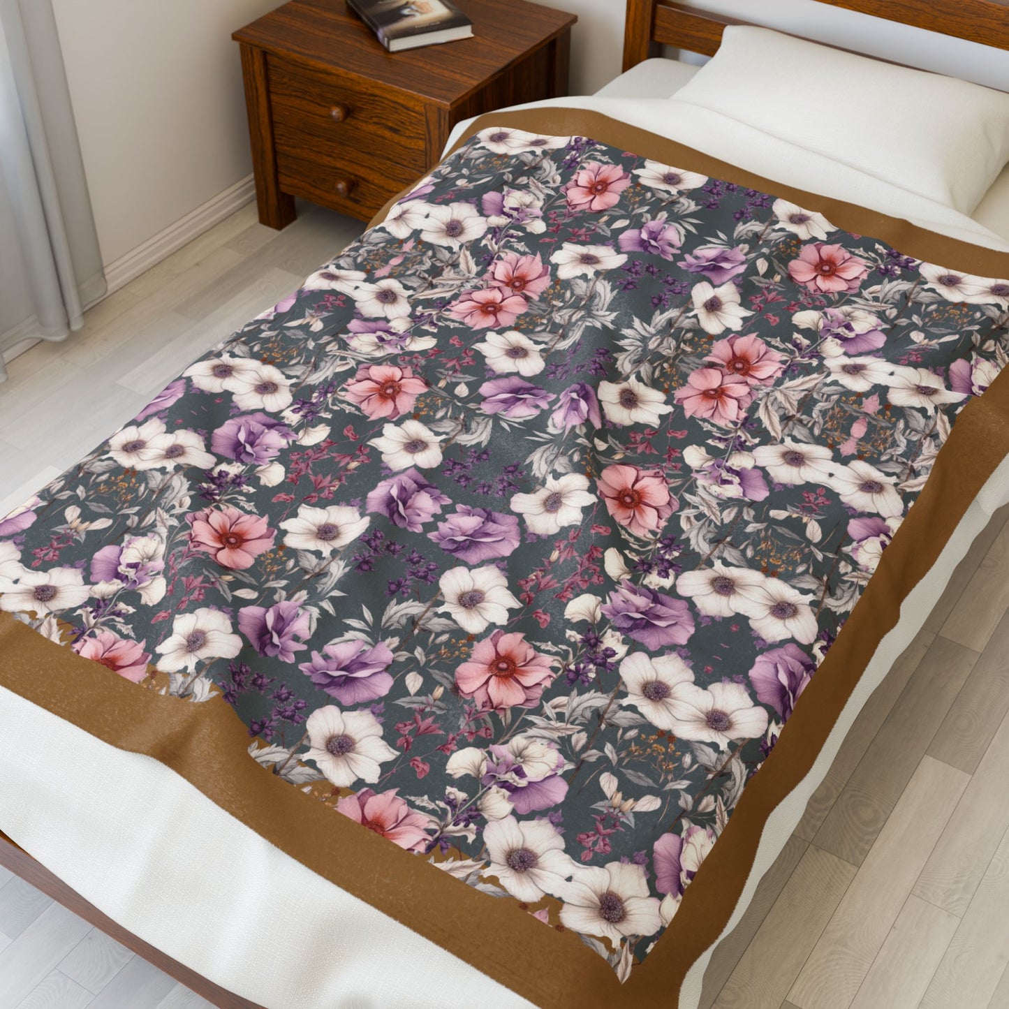 Floral Velveteen Blanket - with a Gray Background and a Gold Border