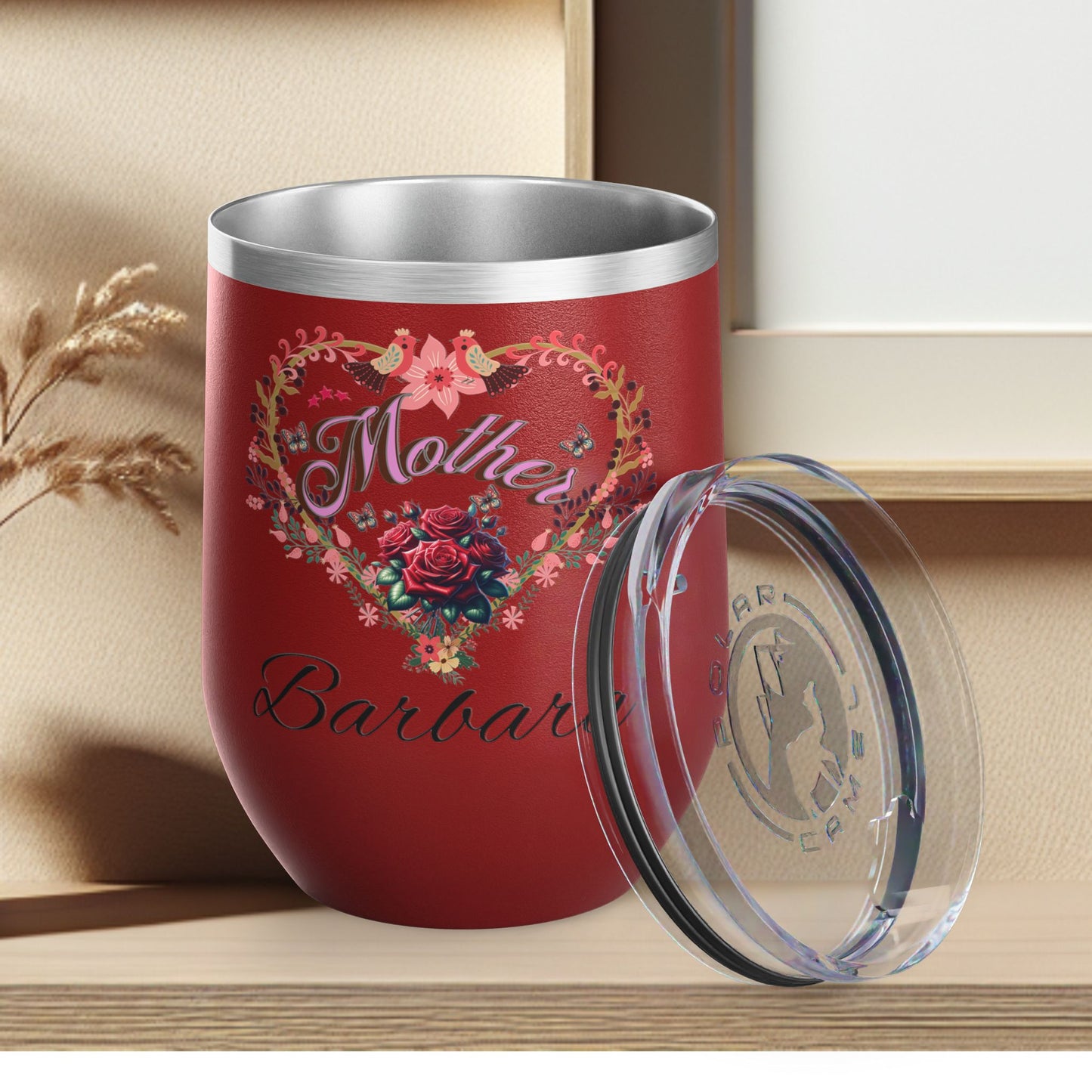 Personalized Mother’s Wine Tumbler - 12oz Floral Heart Design