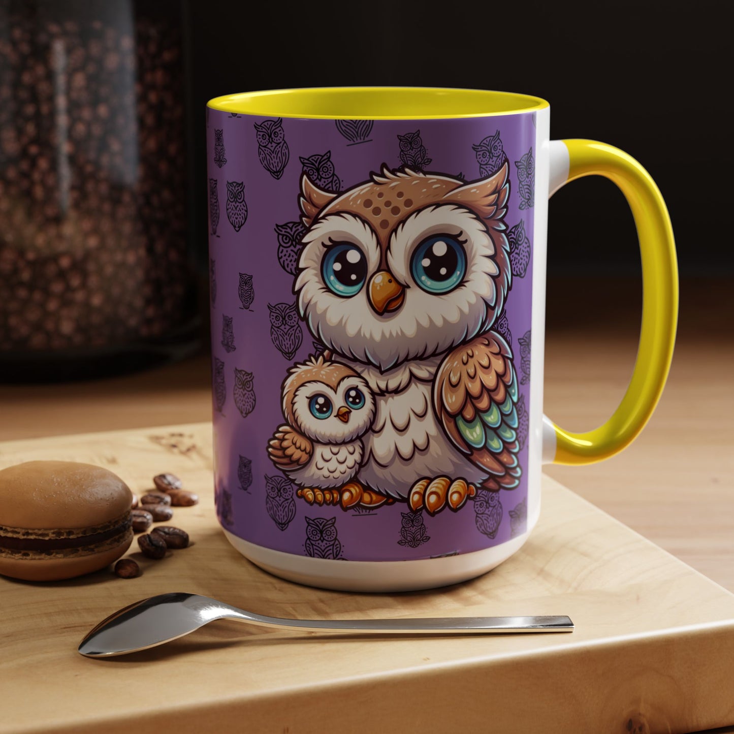 Purple Coffee Mug - Owl Family - Colorful Inspirational Owl Design
