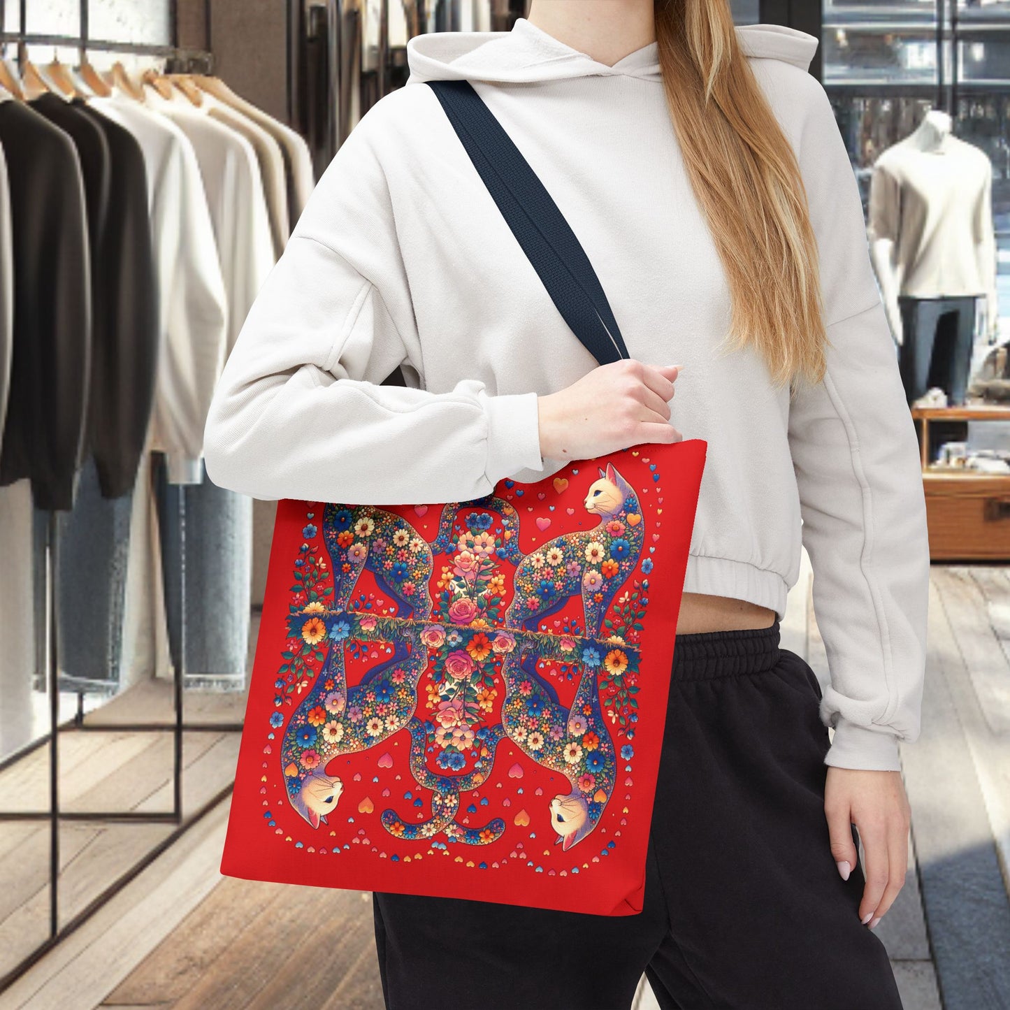 Loving Cat Flower Mozaic Tote Bag Dark Red