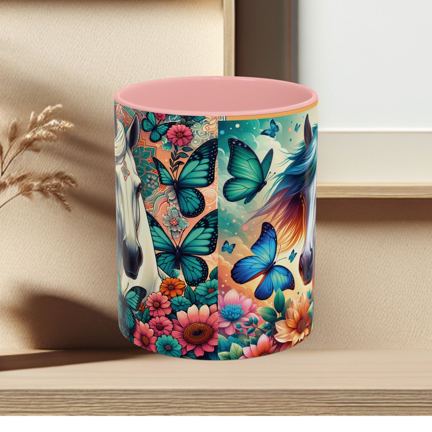 Coffee Mug Horses, Flowers, and Butterflies Mug