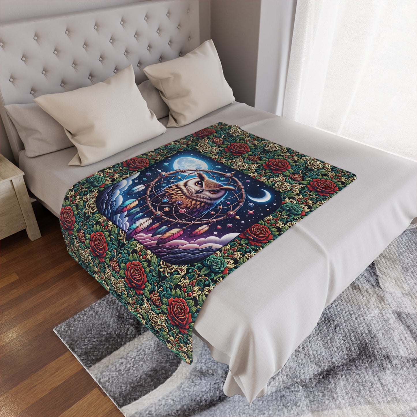 Owl Dreamcatcher Minky Blanket – Boho Night Sky Throw with Roses