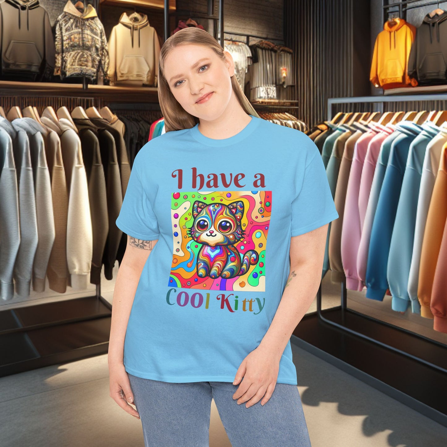 Cool Kitty Heavy Cotton Tee | Cat Lover Gift | Colorful Fun Shirt | Cute Animal Apparel | Perfect for Birthdays & Pet Lovers