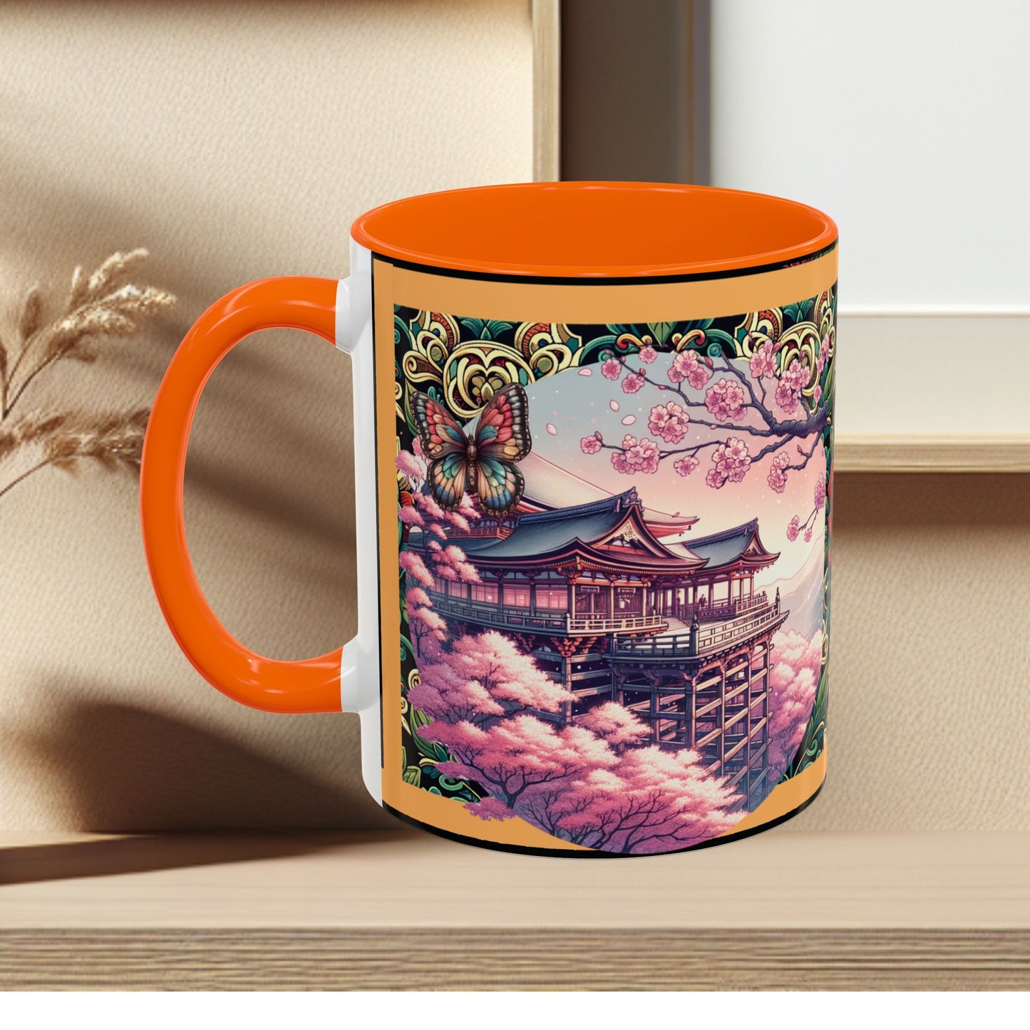 Mug - Sakura Butterfly Coffee Mug with Cherry Blossoms and a Rose