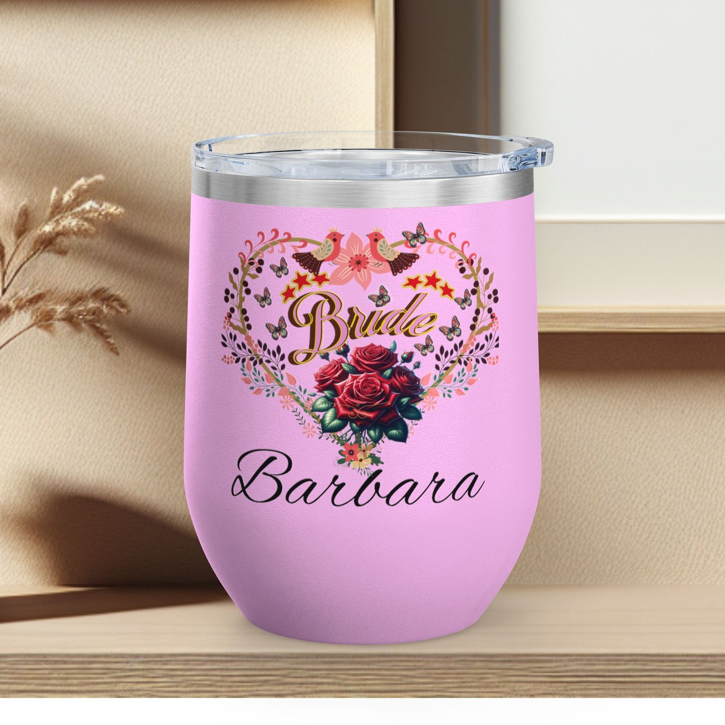 Personalized Bride's Heart Floral Wine 12oz Tumbler