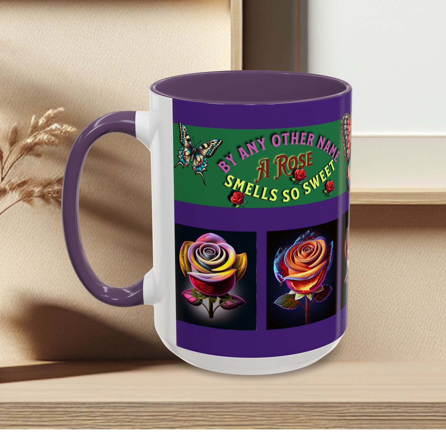 Purple Mug - Floral Butterfly Accent Coffee Mug - 'By Any Other Name A Rose Smells So Sweet'