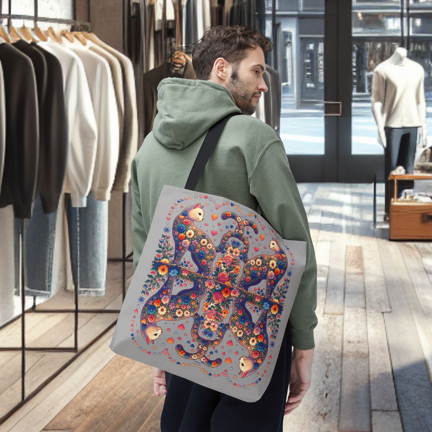 Mosaic Loving Cat Light Gray Tote Bag (AOP)