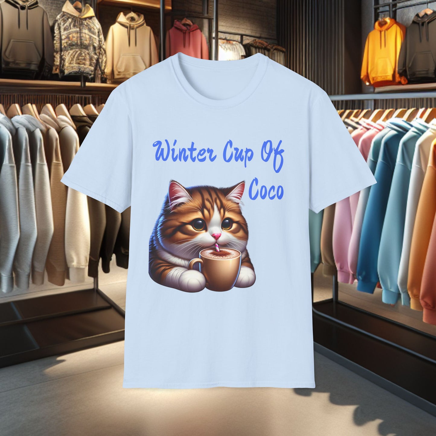 a Cat Sipping on a Cup Of Coco Unisex T-Shirt - Winter Coco