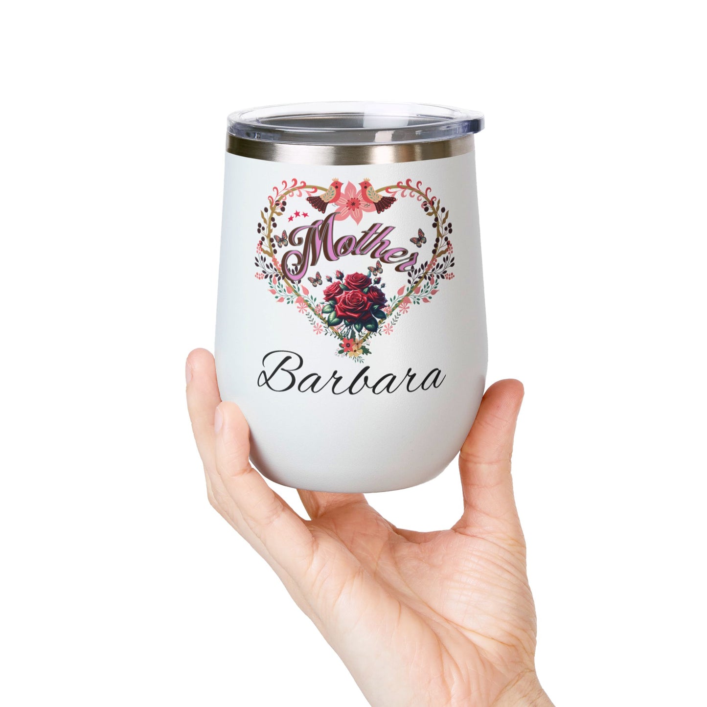 Personalized Mother’s Wine Tumbler - 12oz Floral Heart Design