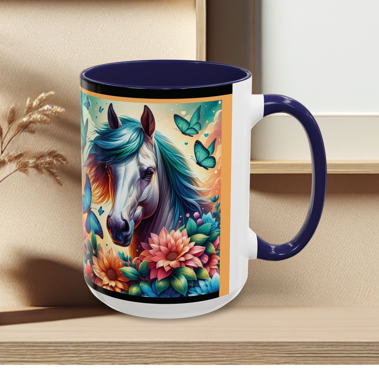Coffee Mug Horses, Flowers, and Butterflies Mug