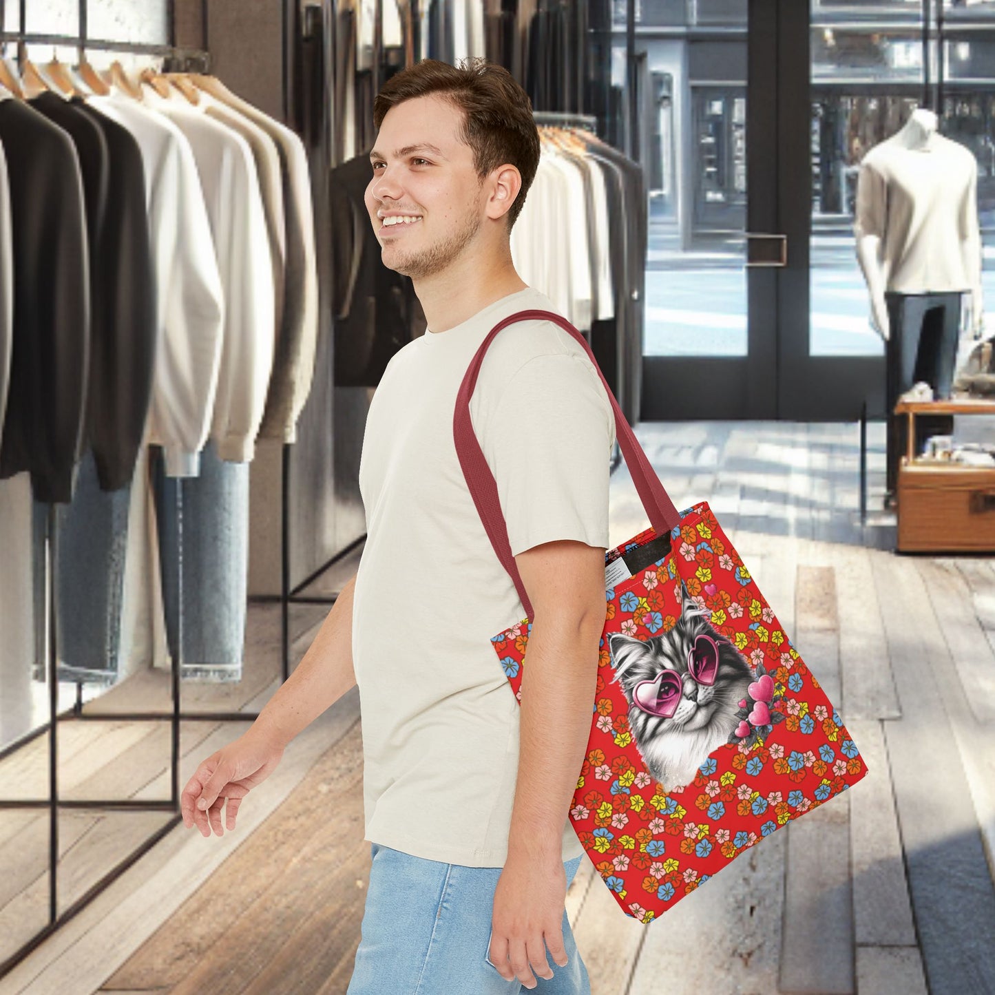 Kitty Ride Tote Bag with Flowered Red Design