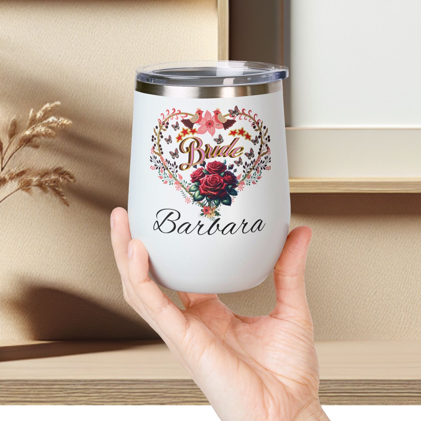 Personalized Bride's Heart Floral Wine 12oz Tumbler